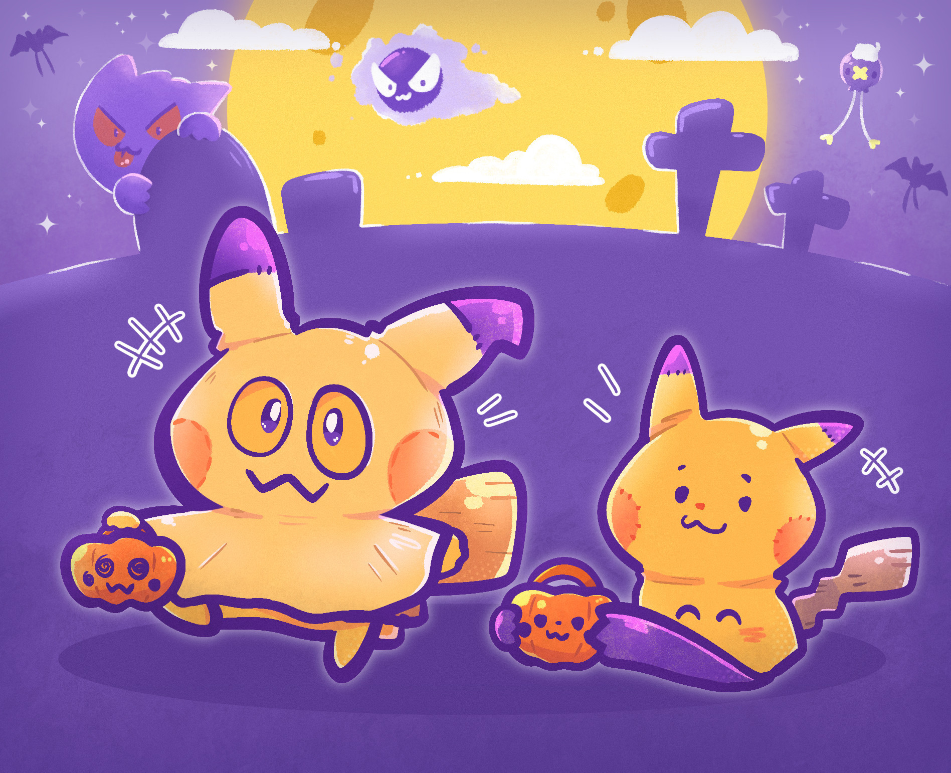 Art of Pikachu and Mimikyu walking along a cemetery on Halloween, Gengar, Gastly, Drifloon and a couple of Zubats are in the background skulking about. There is a big full moon with clouds in front of it, and the sky is dark and starry. Pikachu is wearing a Mimikyu costume and holding out a pumpkin with Mimikyus face on it, and Mimikyu is dressed as Pikachu as usual, and it is holding out a Pikachu pumpkin with both it's hands.