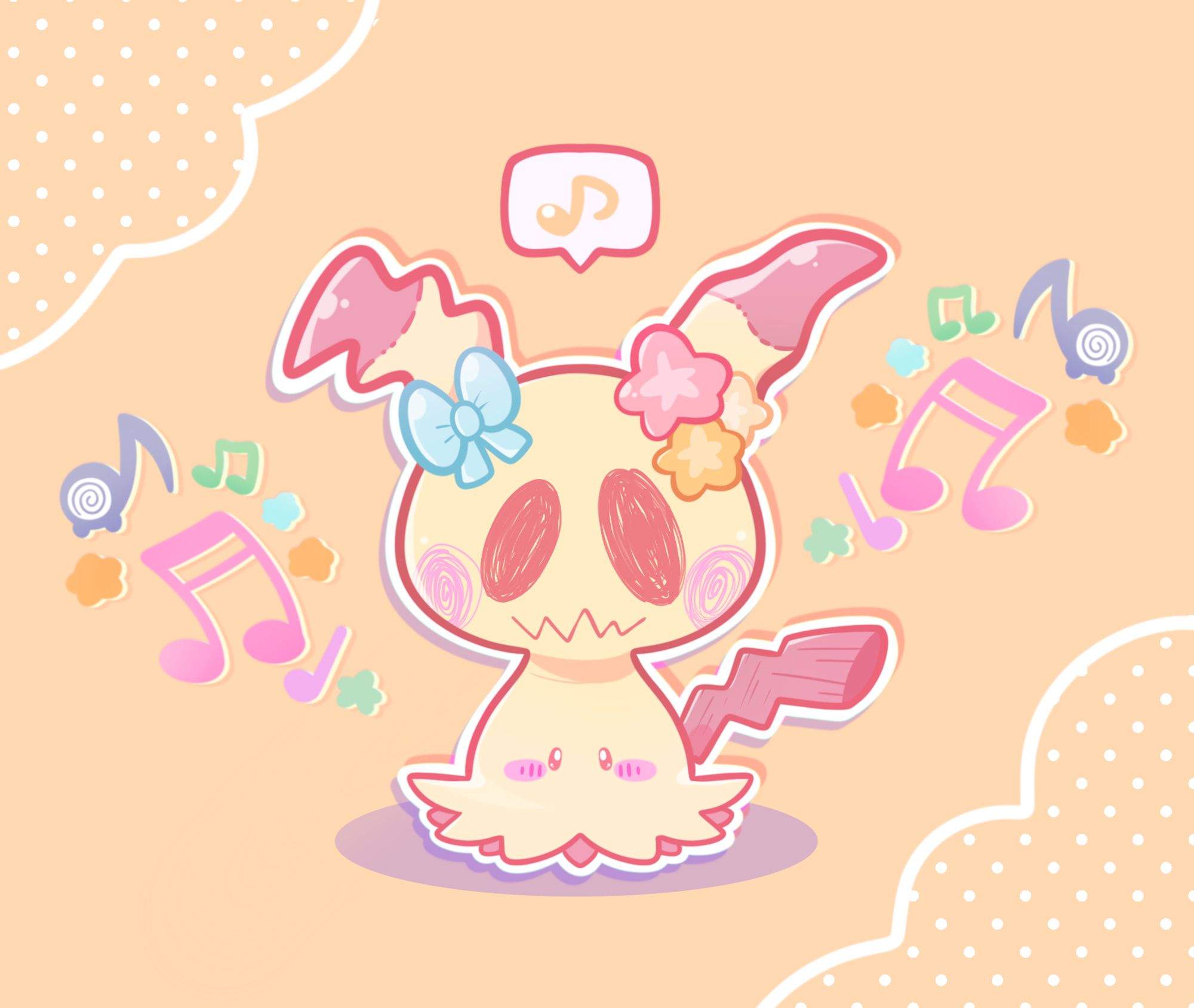 Art of Mimikyu from Pokemon all decked out in flowers and bows. Her face is blushing and she's surrounded by music notes. There's a music note speech bubble over her head.