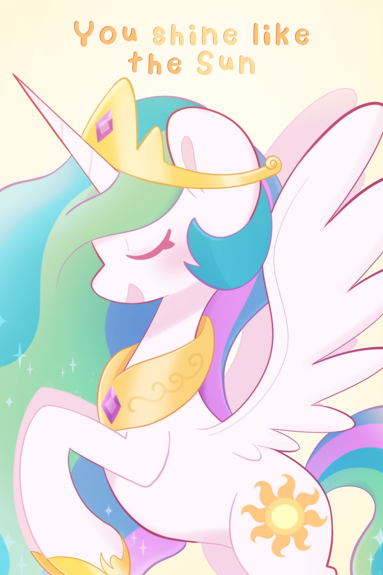 Art of Princess Celestia rearing up and smiling with her eyes closed. Text above her says "You Shine like the Sun"