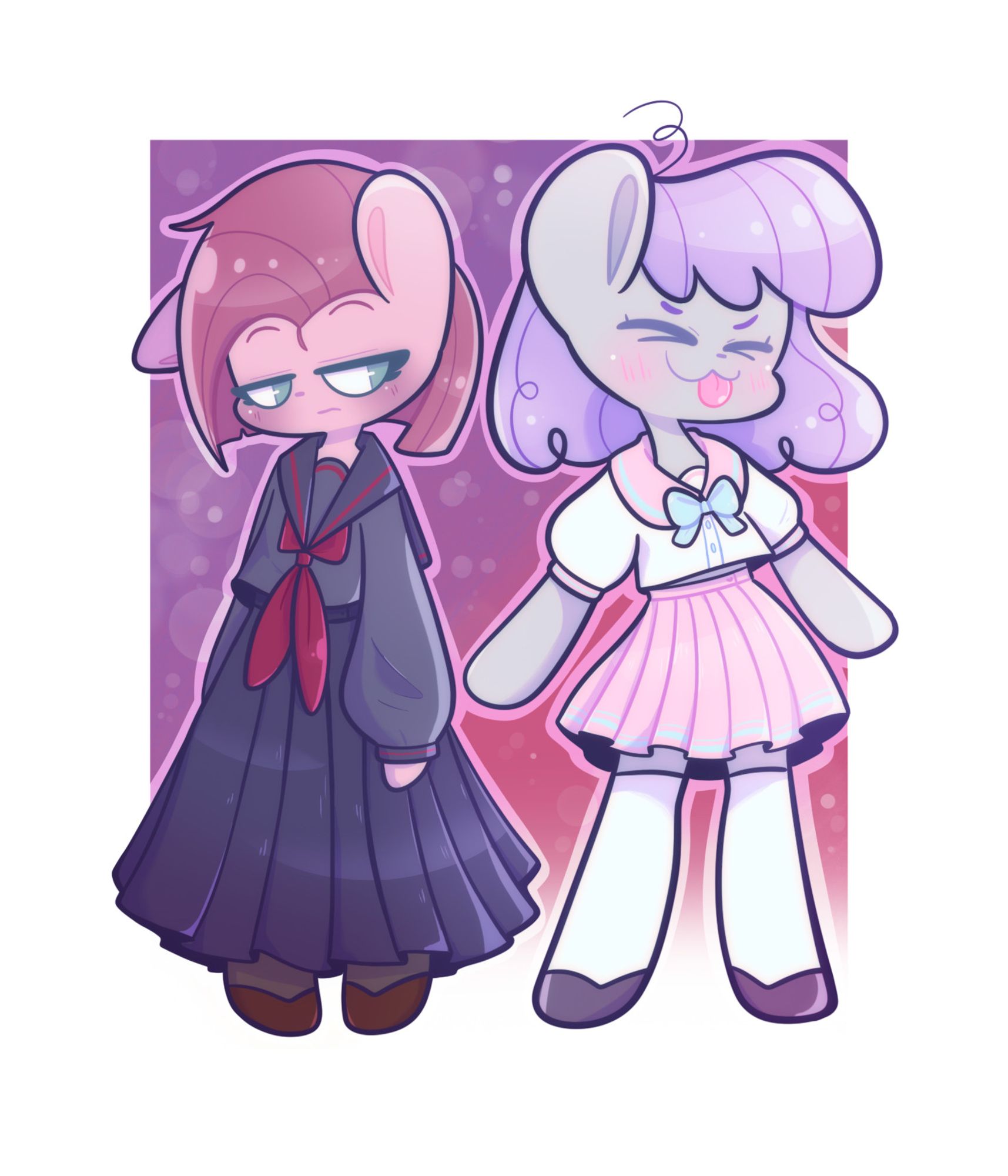 Art of Pinkie Pie and Maud Pie semi-anthros, they have had their personalites swapped. Pinkie has her hair down and has a dark blue sailor uniform on, long sleeves and skirt all the way down to her feet. Maud is much brighter and has a white and pastel sailor uniform on, short sleeves and a miniskirt. Her hair is also fluffier and she is sticking her tongue out.