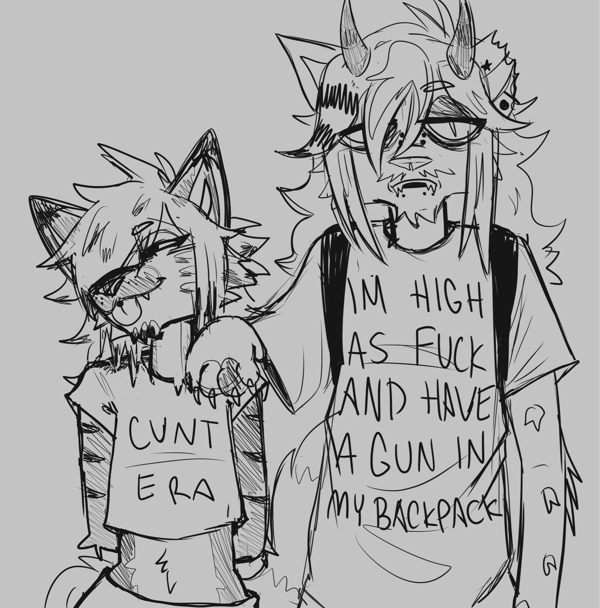 an anthro catfox (Crucifix, left) and an anthro skunkdog (Chug, right) stand together with the Chugs paw on Crucifix’s shoulder, Crucifix is wearing a crop top that reads “CUNT ERA” and Chug is wearing a backpack and an oversized t-shirt that reads “IM HIGH AS FUCK AND HAVE A GUN IN MY BACKPACK”

Chug belongs to @incubarkz.bsky.social