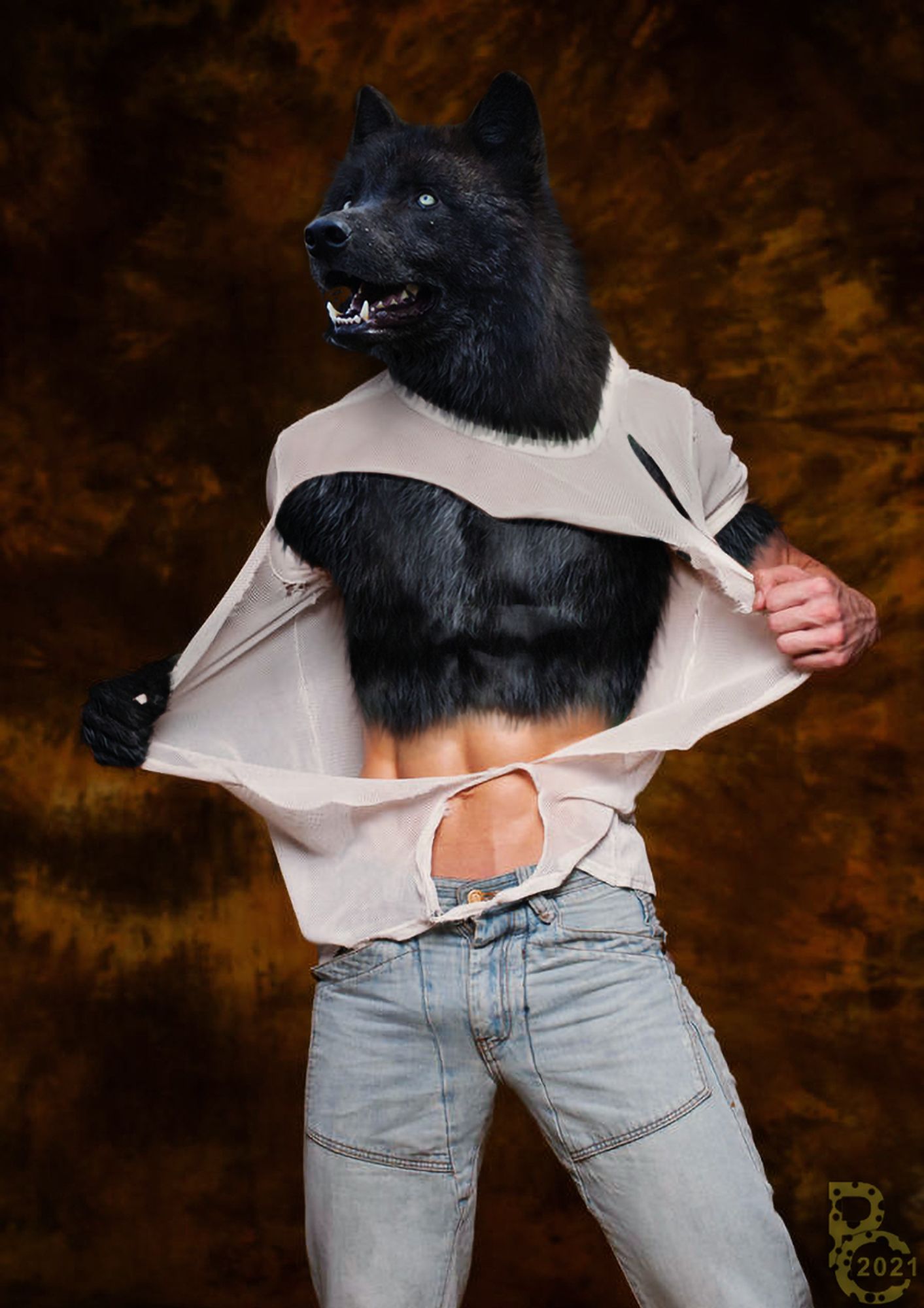 A photomanipulation of a man ripping his shirt off as he transforms into a black-furred werewolf