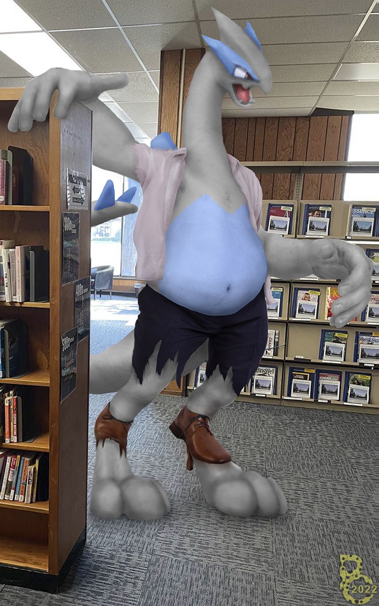 A photomanipulation of a man standing next to a bookshelf in a library, having just transformed into a tall anthro Lugia (ripping his clothes apart in the process)