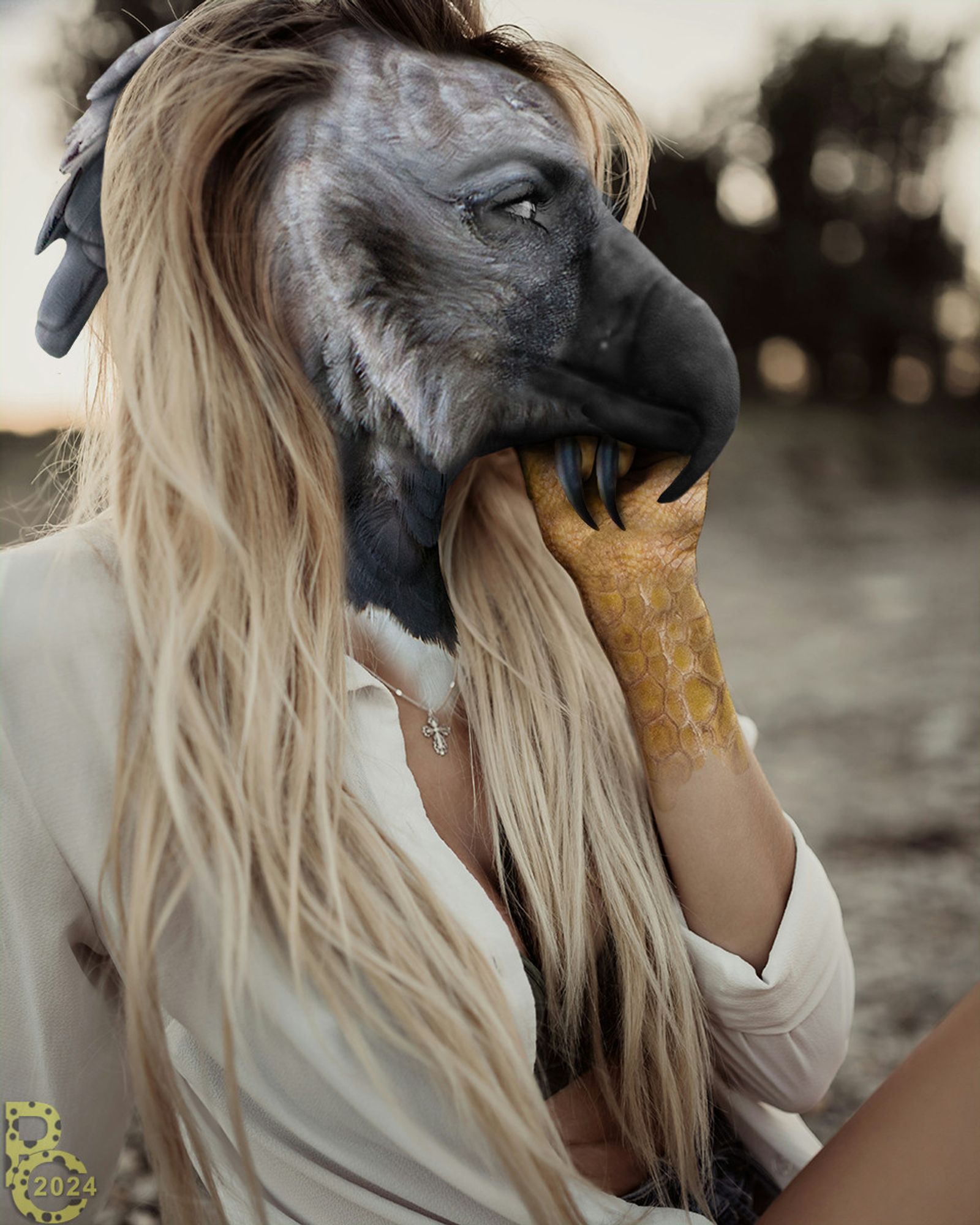 A photomanipulation of a woman sitting on a beach in a bikini with a white shirt on top, with her head and one hand transformed into an anthro harpy eagle