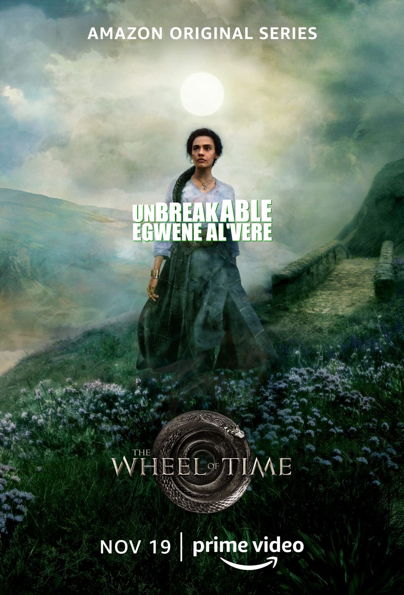 Character post of Egwene al'Vere from The Wheel of Time, picturing her on a hill in tall grass. There is text overlaid, reading "Unbreakable Egwene al'Vere" in the same style as the title card for Unbreakable Kimmy Schmidt.