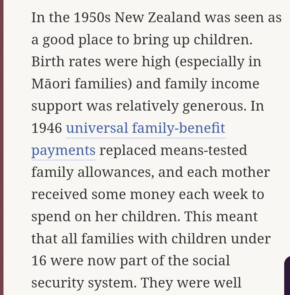 Screenshot describing the universal family benefit payment in NZ from 1946