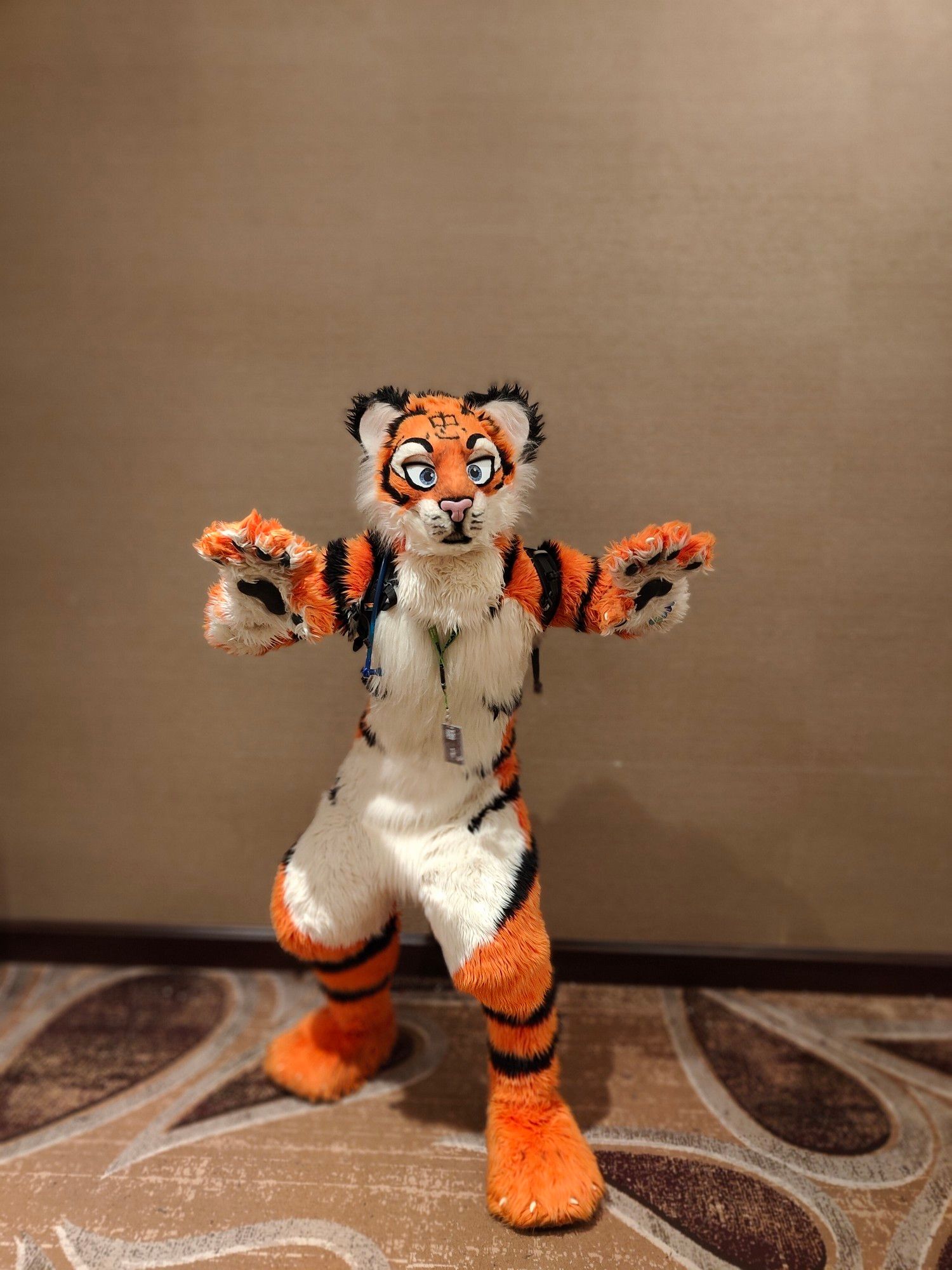 Zedd the tiger posing in the hallway at Bewhiskered with both arms outstretched like they are pouncing.