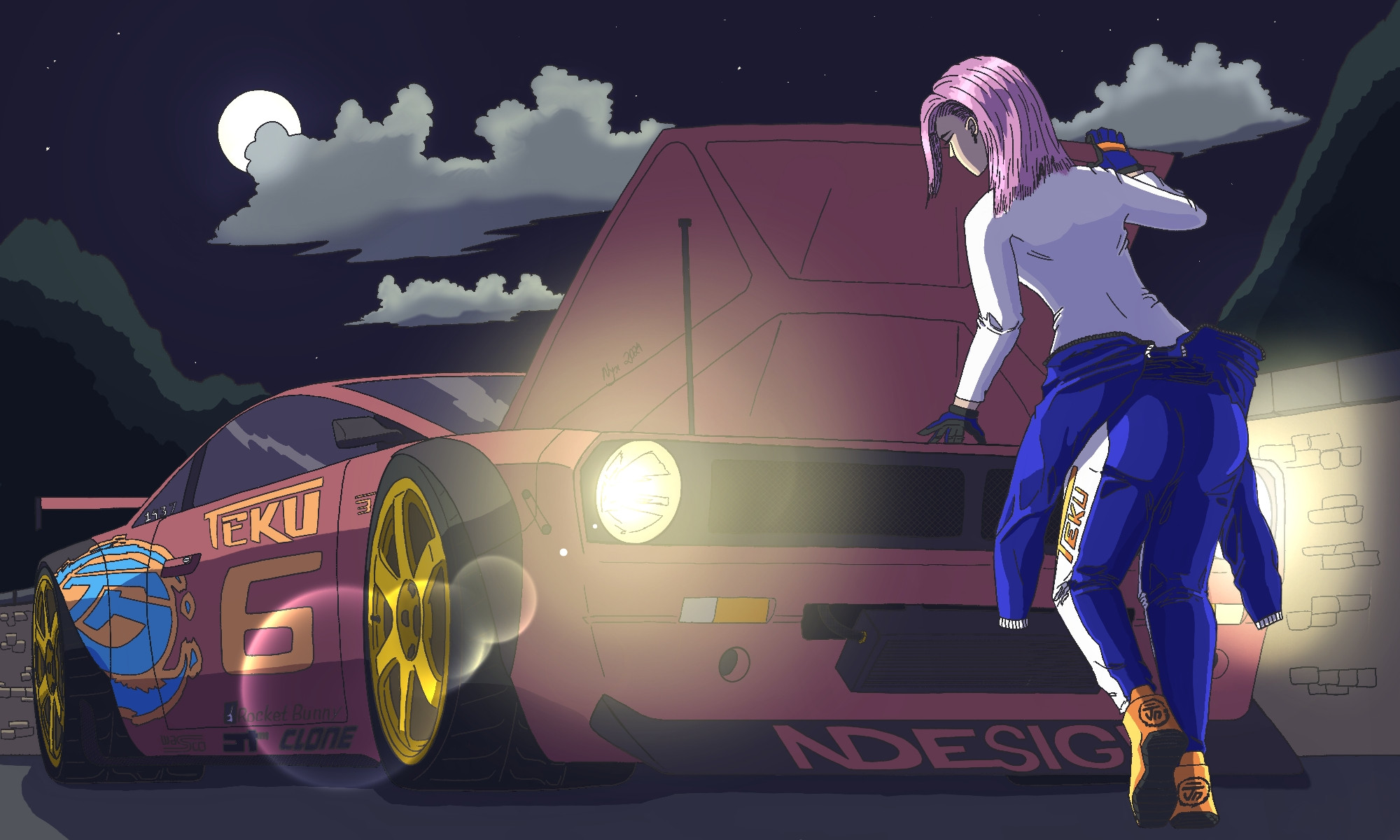 A girl wearing a racing suit is looking into the engine bay of her car under the moonlight.