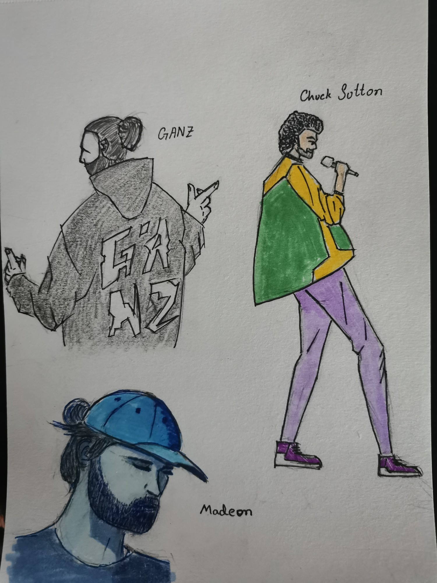 Pencil sketches of edm artists I enjoy: Ganz, Chuck Sutton and Madeon