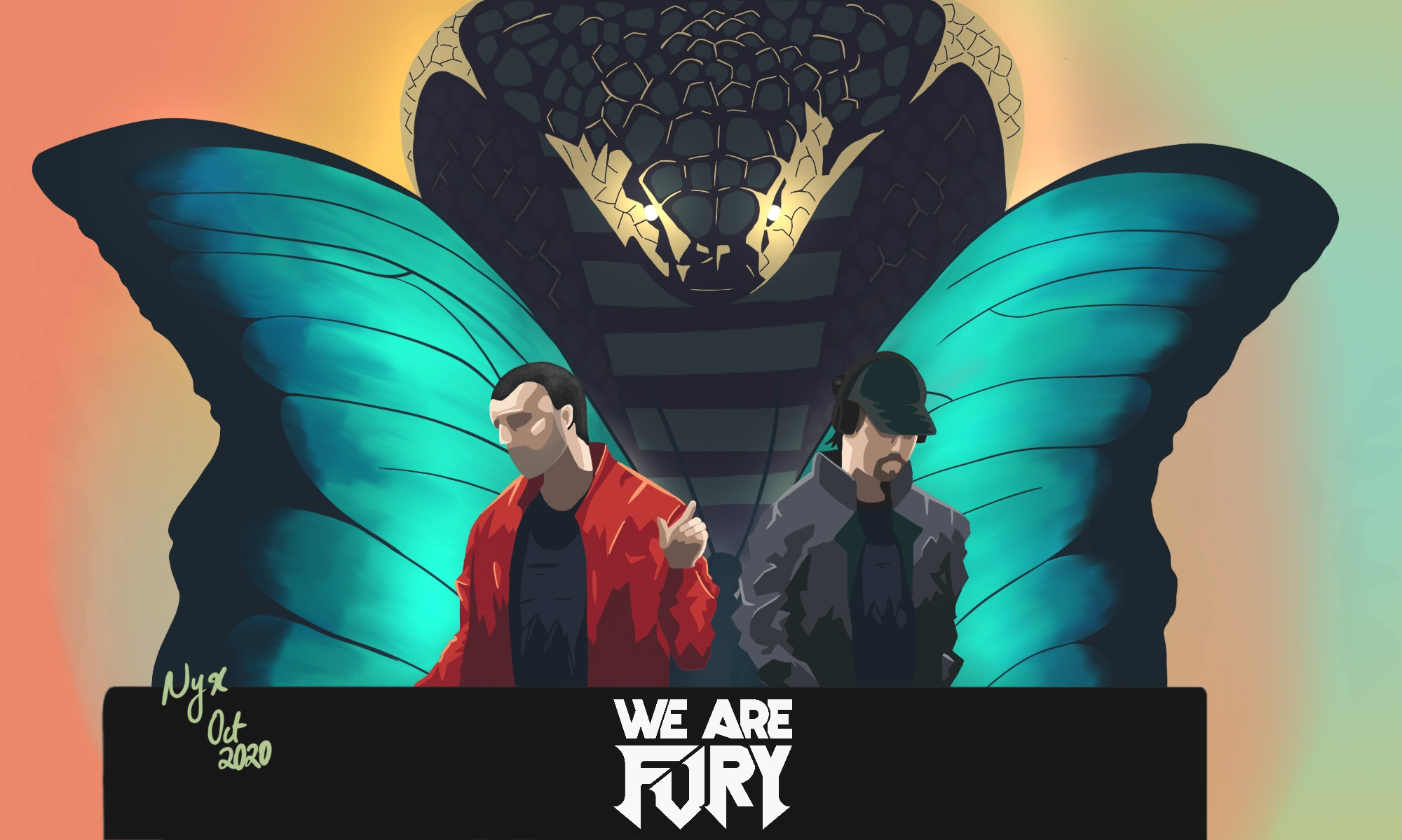 Art of the edm duo We Are Fury in front of a snake and butterfly