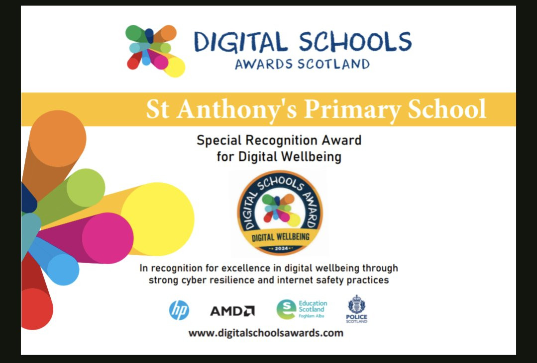 St Anthony's Primary School Digital Wellbeing Award Certificate