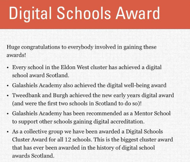 A screenshot of a slide presented at the Education Scotland's webinar on the Digital Schools Awards showing Eildon West's achievements across their cluster of schools. All schools achieved the Digital Schools Cluster Award.