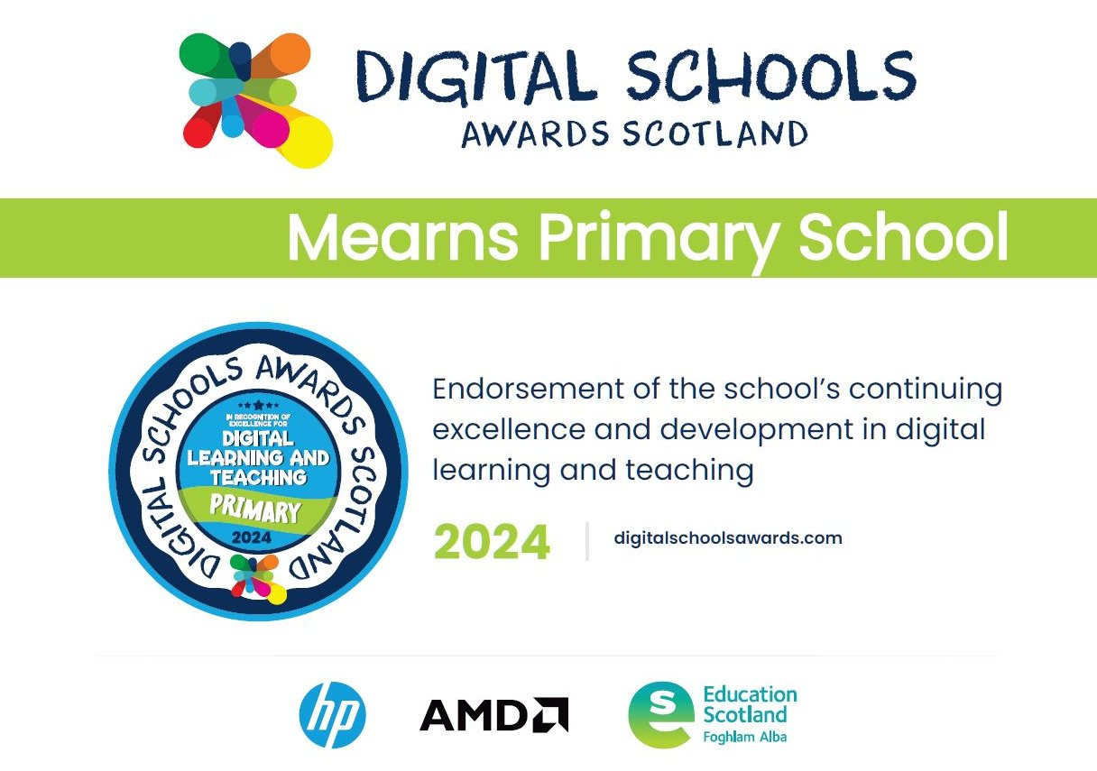 Digital Schools Endorsement Award Certificate awarded to Mearns Primary School