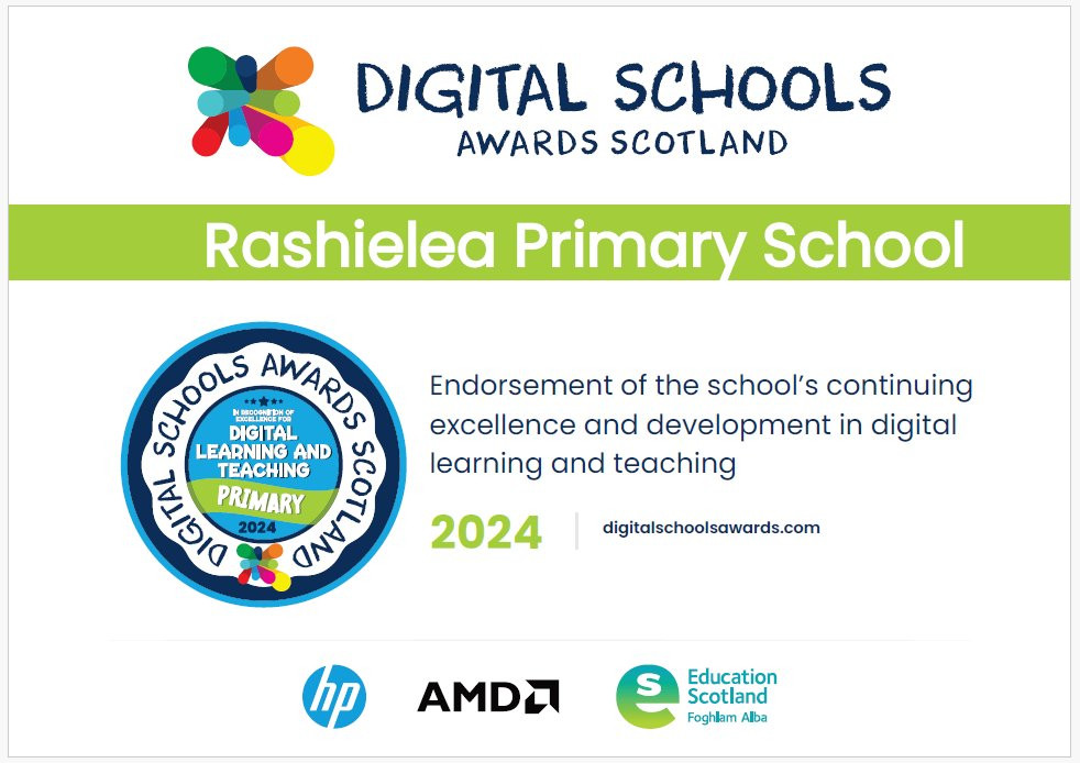 Rashielea Primary School Endorsement Award certificate from Digital Schools Awards.