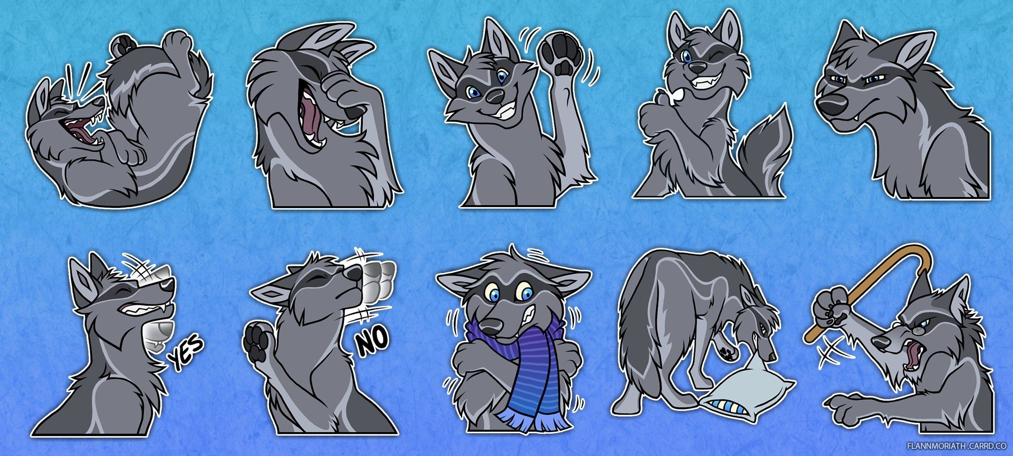 Telegram stickers of a gray wolf with a bandit mask marking