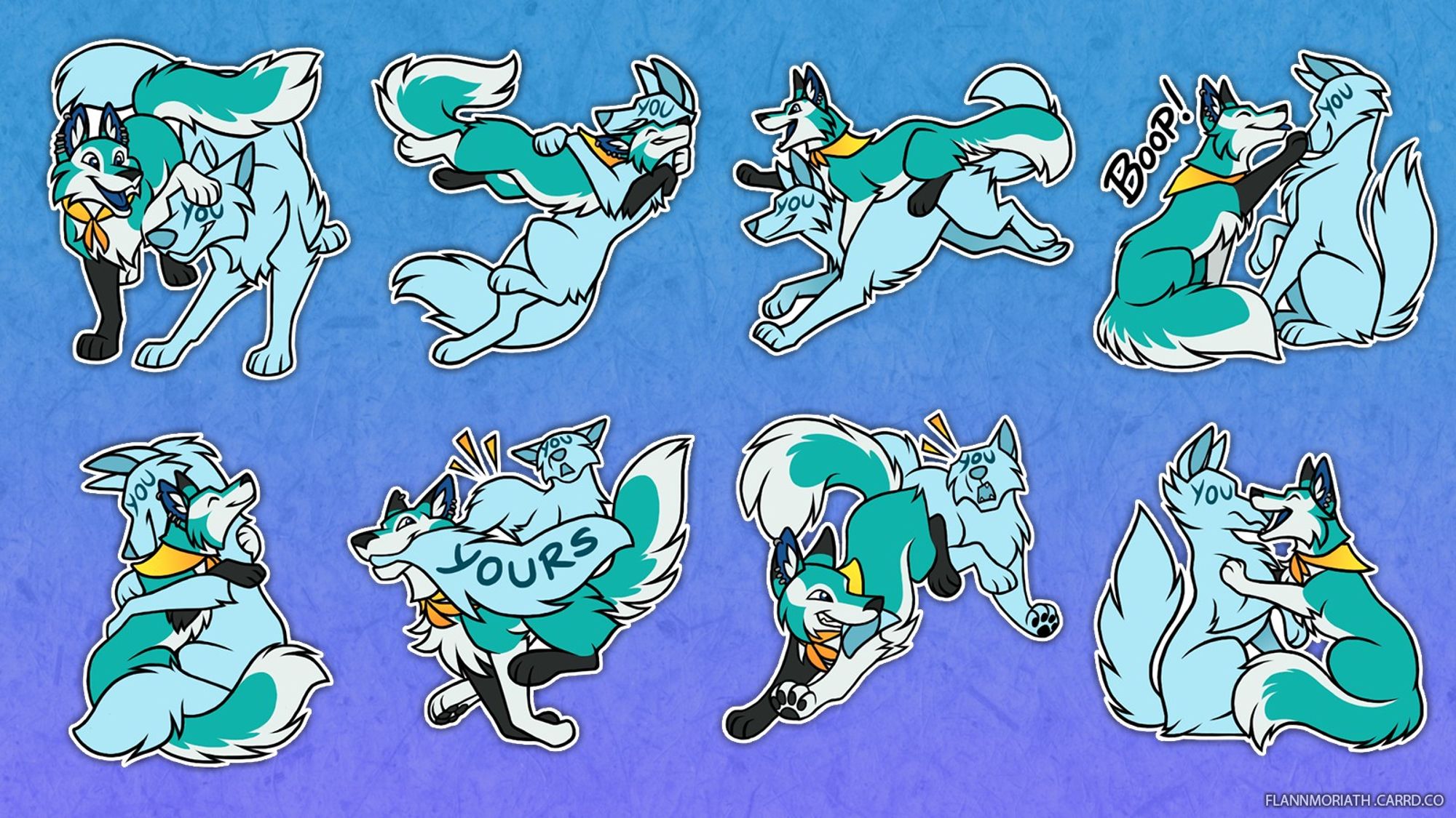 Telegram stickers of a teal folf (fox/wolf hybrid) and a "you" YCH character