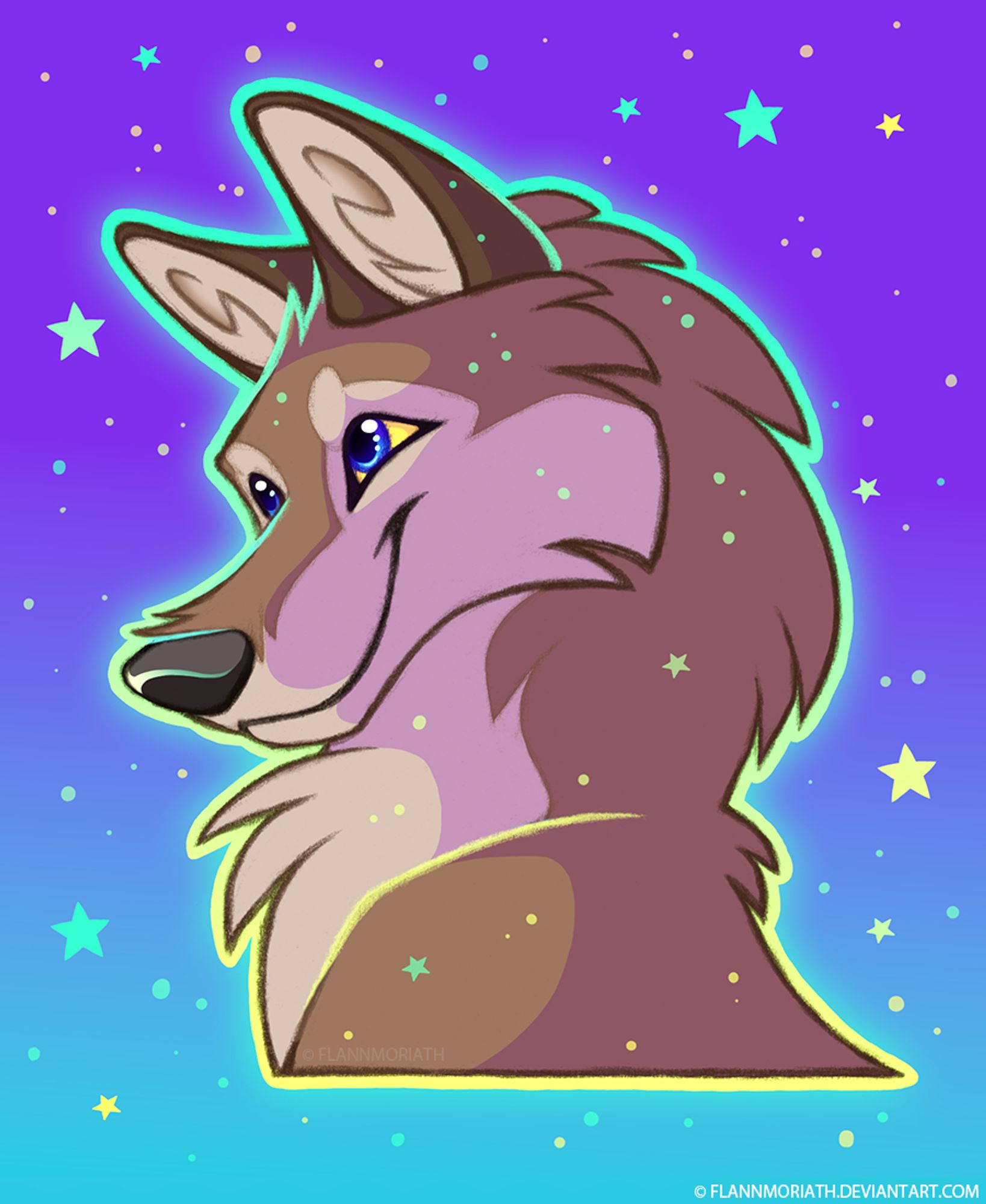 Smiling Aleu, the wolf-dog daughter of Balto, outlined with a glowing teal and yellow outline, surrounted by stars.