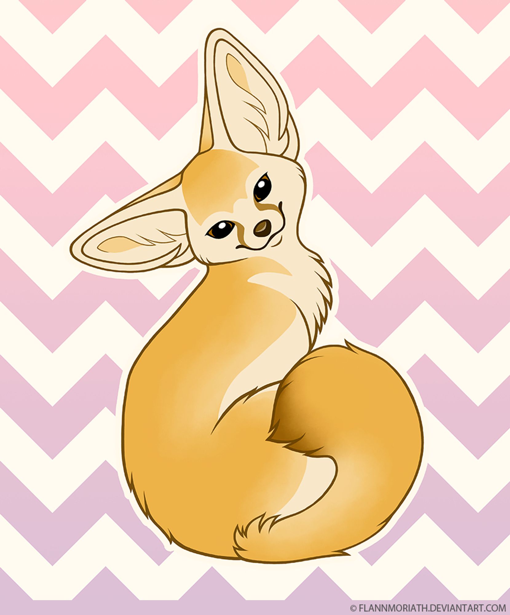 Fennec fox sitting with tail curled around legs, looking at camera with head tilted. Chevron stripes in the background that are pink and purple.