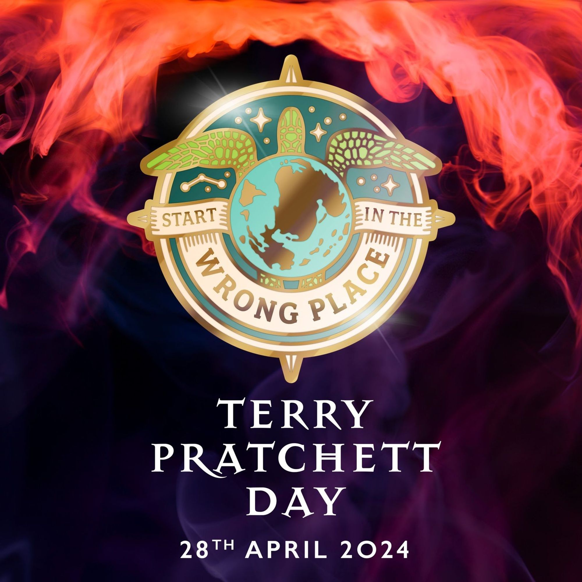 An illustration of the Discworld as seen from above. A banner across it reads "Start in the Wrong Place." Text underneath reads: Terry Pratchett Day. 28th April 2024.