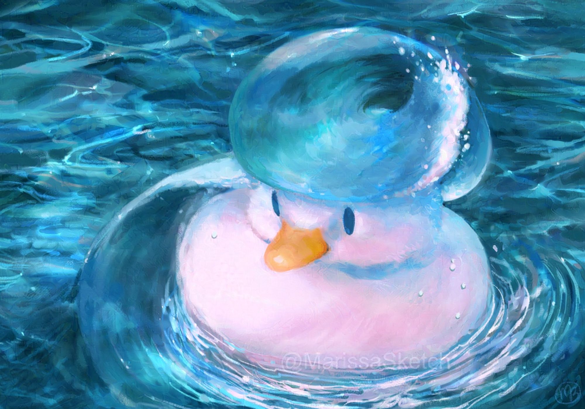 Digital illustration of a white duckling, inspired by Quaxly from Pokémon Scarlet and Violet, swimming on blue water. A wave swirls around him, creating what resembles a pompadour of water on top of his head.