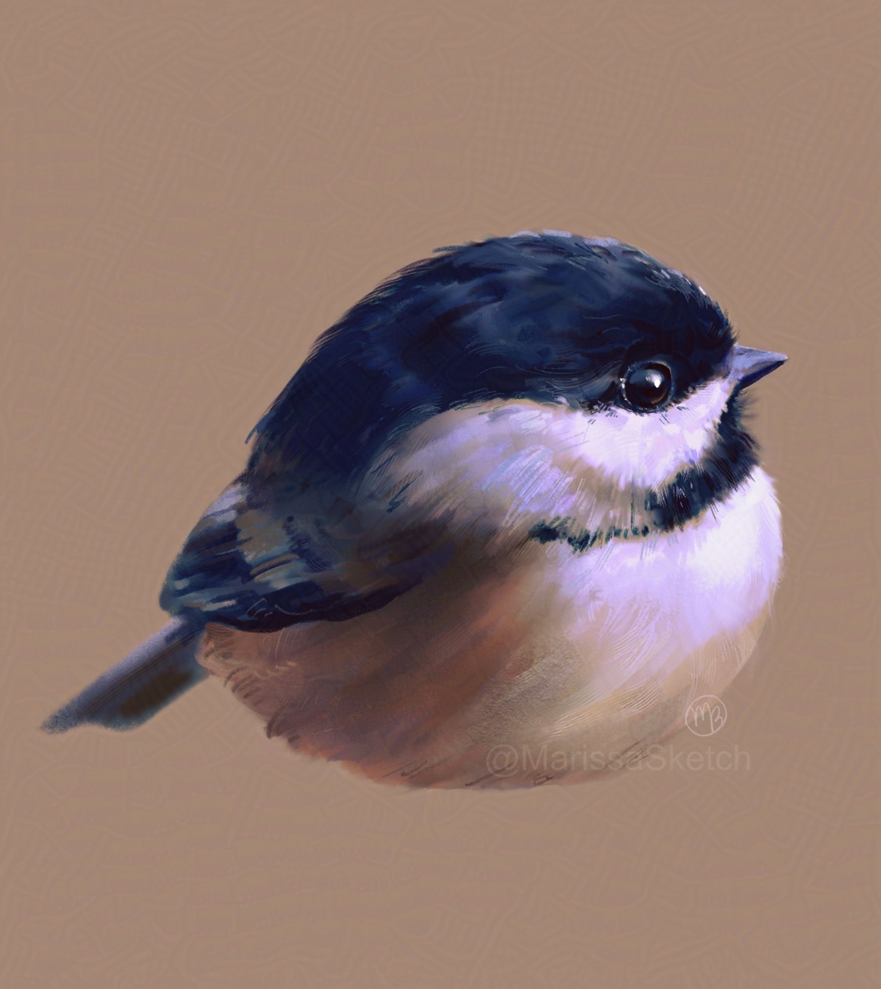 Digital painting of a very fluffy chickadee borb in profile against a tan background. It has dark blue and purplish white feathers on its head, wing, and chest, and light brown feathers on its back.