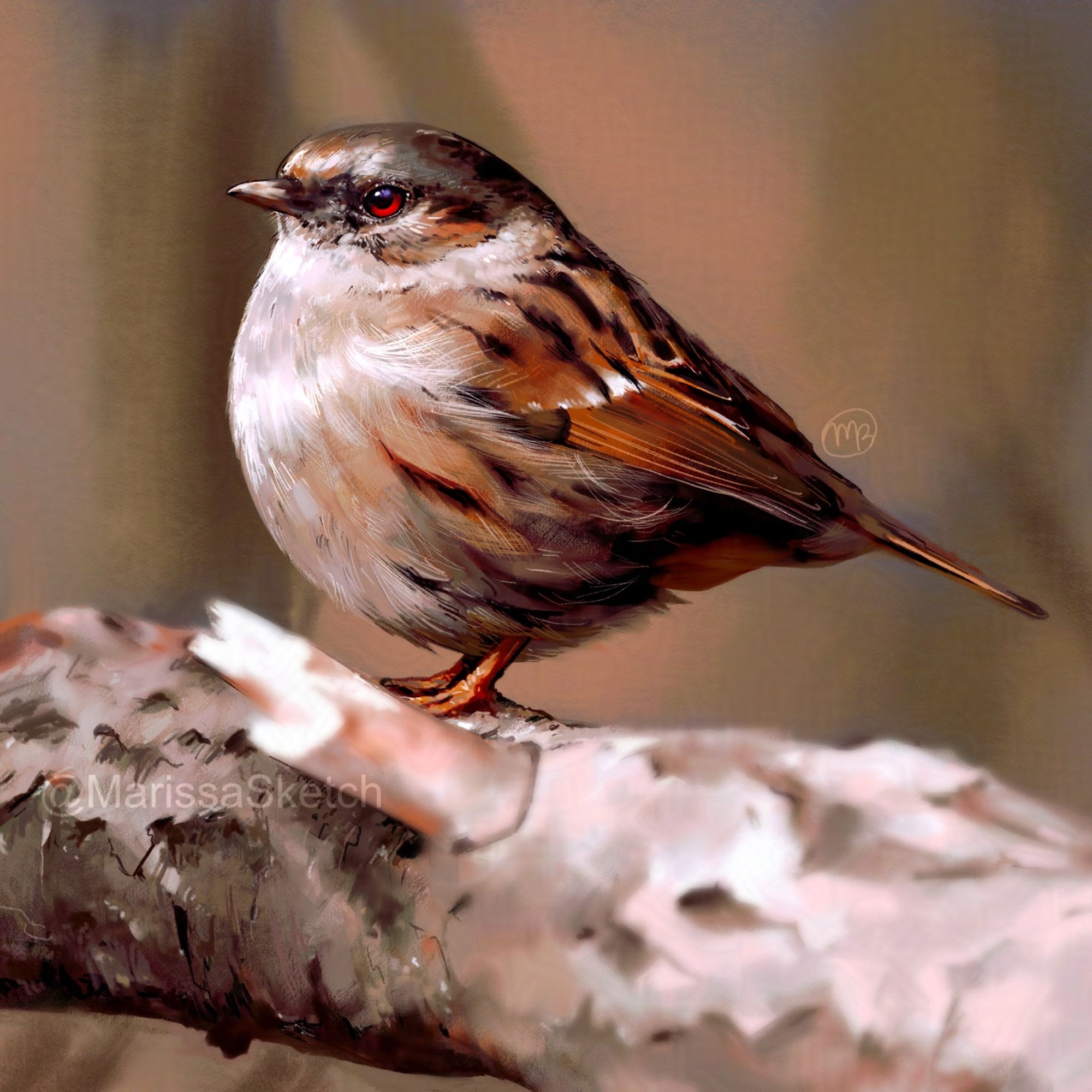 Digital painting of a very fluffy little Dunnock bird with white, tan, orangeish brown, and black feathers against a hazy light orangeish and greenish brown background. It is standing in profile on a branch that is partly out of focus with some peeling bark and a smaller broken branch.