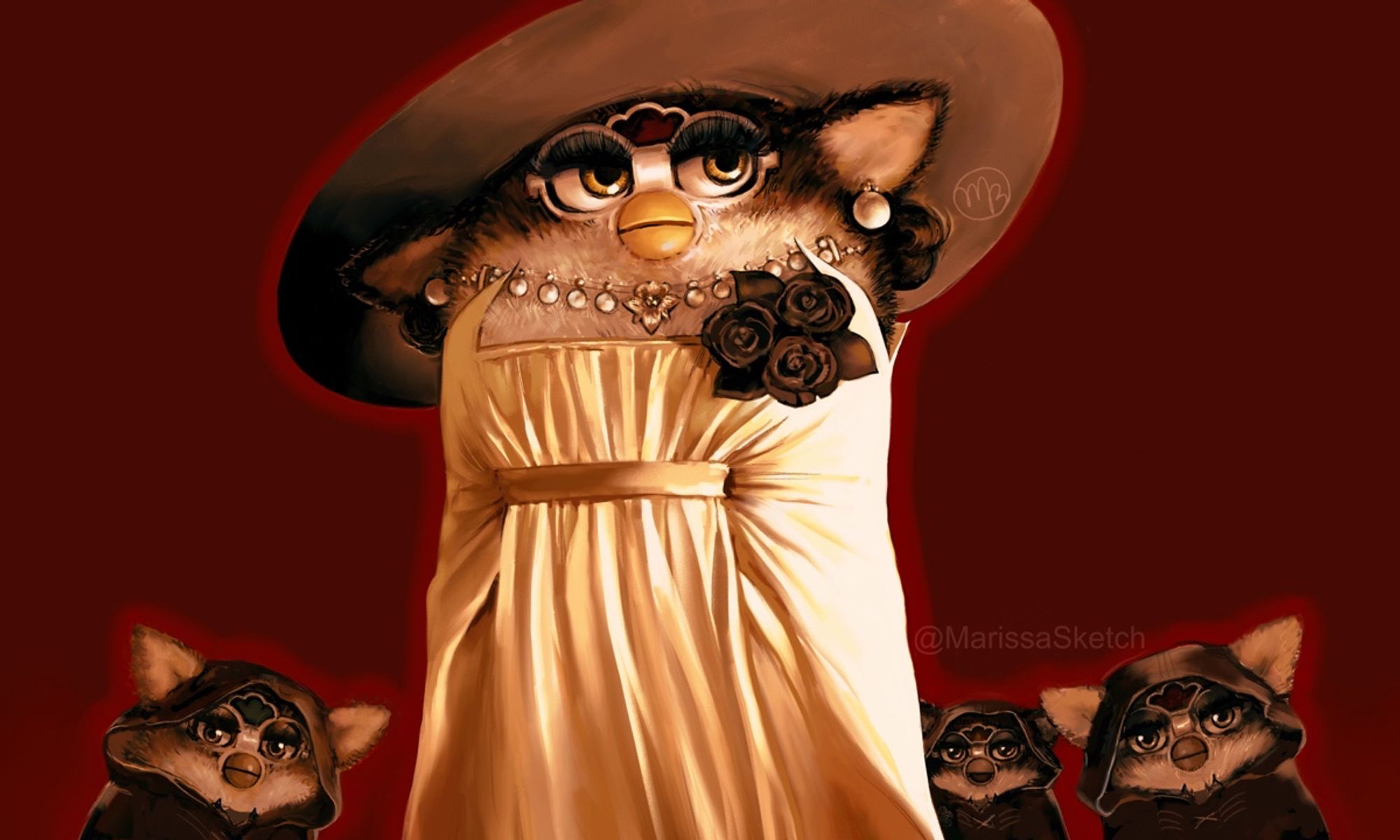 Digital illustration of Lady Alcina Dimitrescu and her three daughters from the video game Resident Evil Village, except they are furbies. Lady D is in the center, wearing a long white dress, a pearl necklace and earrings, and large hat. She towers over her tiny furby daughters, who wear tiny black hooded robes.