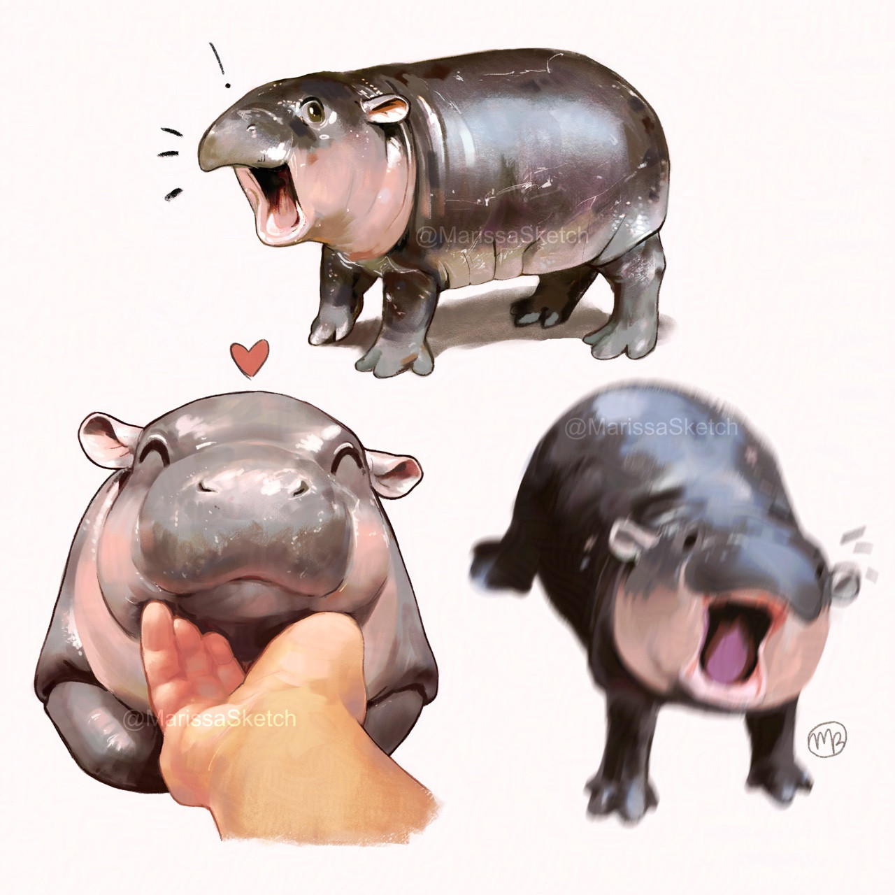 Digital paintings of Moo Deng, a grey and pink baby pygmy hippo, in three different poses. Bottom left shows Moo Deng with her eyes closed with a person's hand holding her chin, and a little pink heart floating over her head. Top center shows her standing in profile with her mouth wide open, looking surprised and like she is yelling. Bottom right shows her completely motion blurred and yelling at the camera.