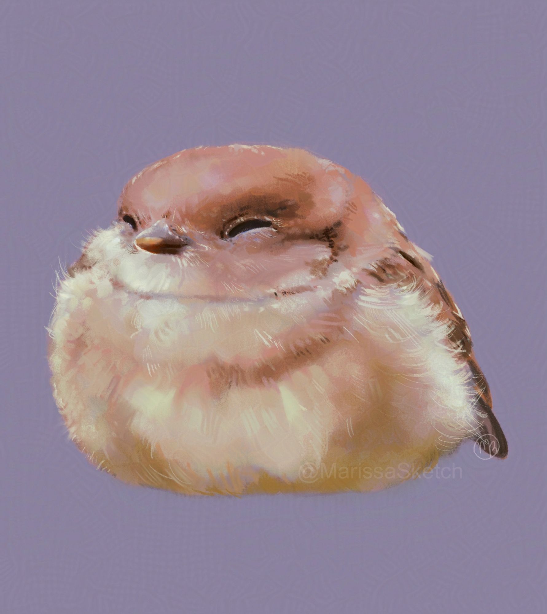 Digital painting of a very fluffy sparrow chick borb against a light purple background. It has light brown and yellowish tan feathers and has both eyes closed.