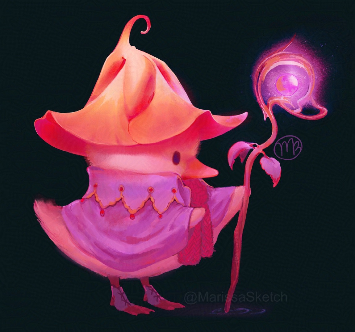 Digital illustration of a duckling wearing pinkish-purple wizard robes, a red knitted scarf, and an orange nasturtium flower as a wizard hat against a black background. The duckling holds a wooden staff, with small leaves and a glowing pink orb at its center, that is also reminiscent of a duck.