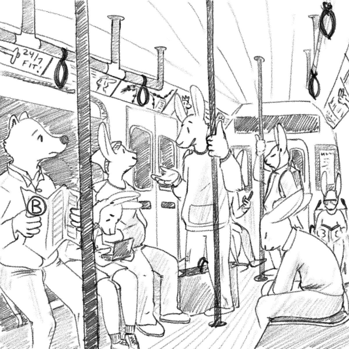 A very concerned looking anthropomorphic marten sitting on a train full of rabbit people. He is holding a train schedule.