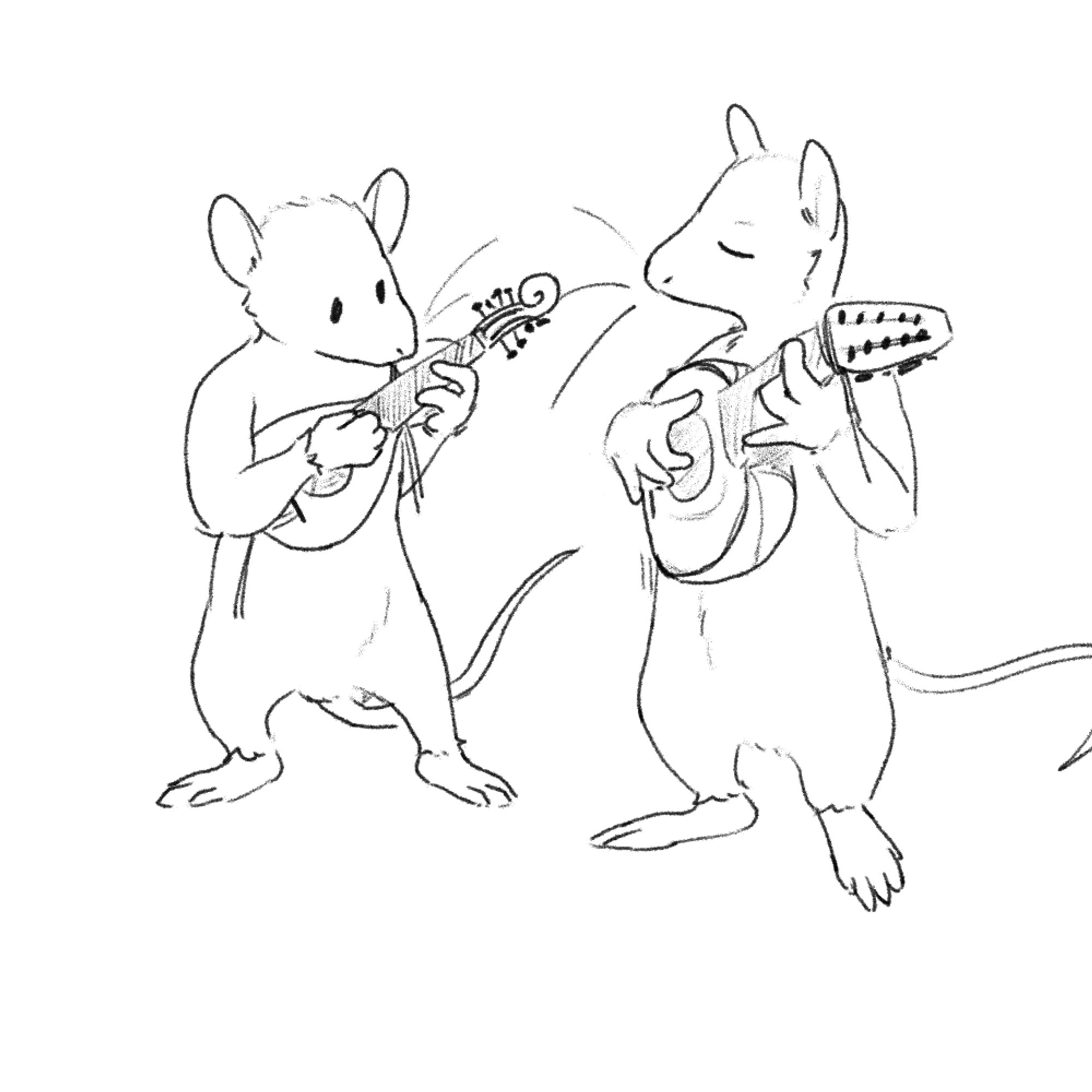 two mice playing lutes. One is a mandolino-type instrument, and the other is a more typical lute.