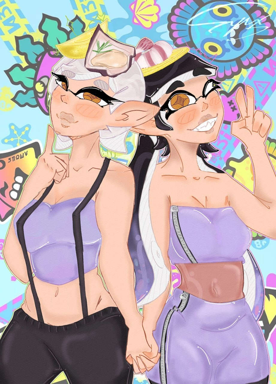 Drawing of the 2 Famous Idols from Splatoon series, both in Summerfest outfit holding each other hand, the left girl with a smile and her finger on her chin the name's Marie, the right one Callie making ✌🏻 with her hand while making even a bigger smile than Marie