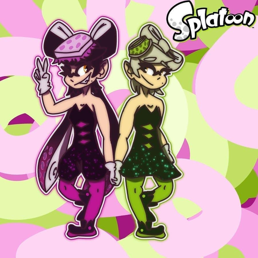 Old drawing of the same squid sisters idols from Splatoon in classic outfit holding each other hands, The left one Callie, making ✌ with her hand while smiling at Marie, and the right one, Marie, smiling while looking at Callie