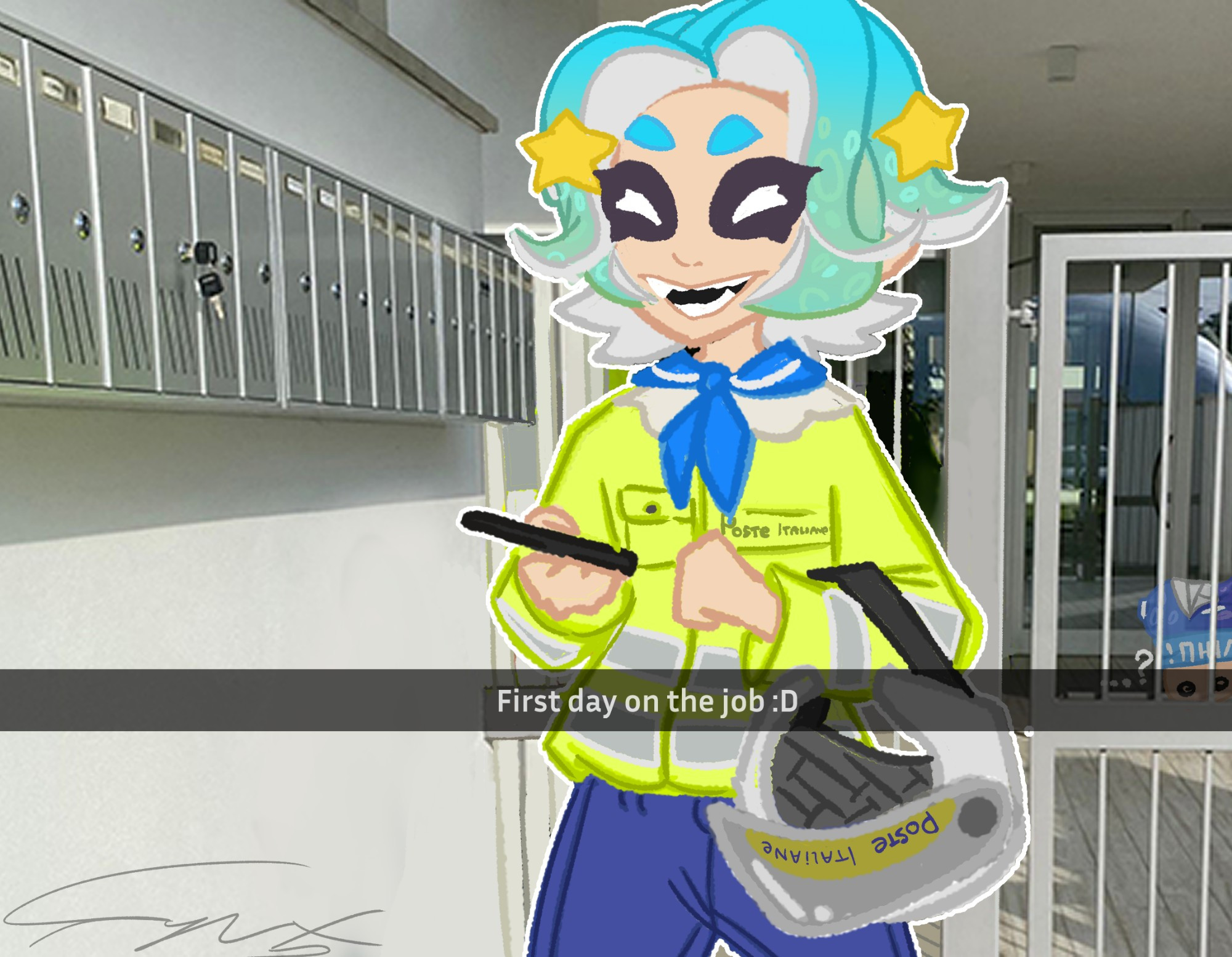 Splatoon world inspired oc going to am real world job (Italian courier) called Poste Italiane as a silly "what if" And in the background Franz (mine oc) looking the courier girl confused and thinking "what she's doing here?"