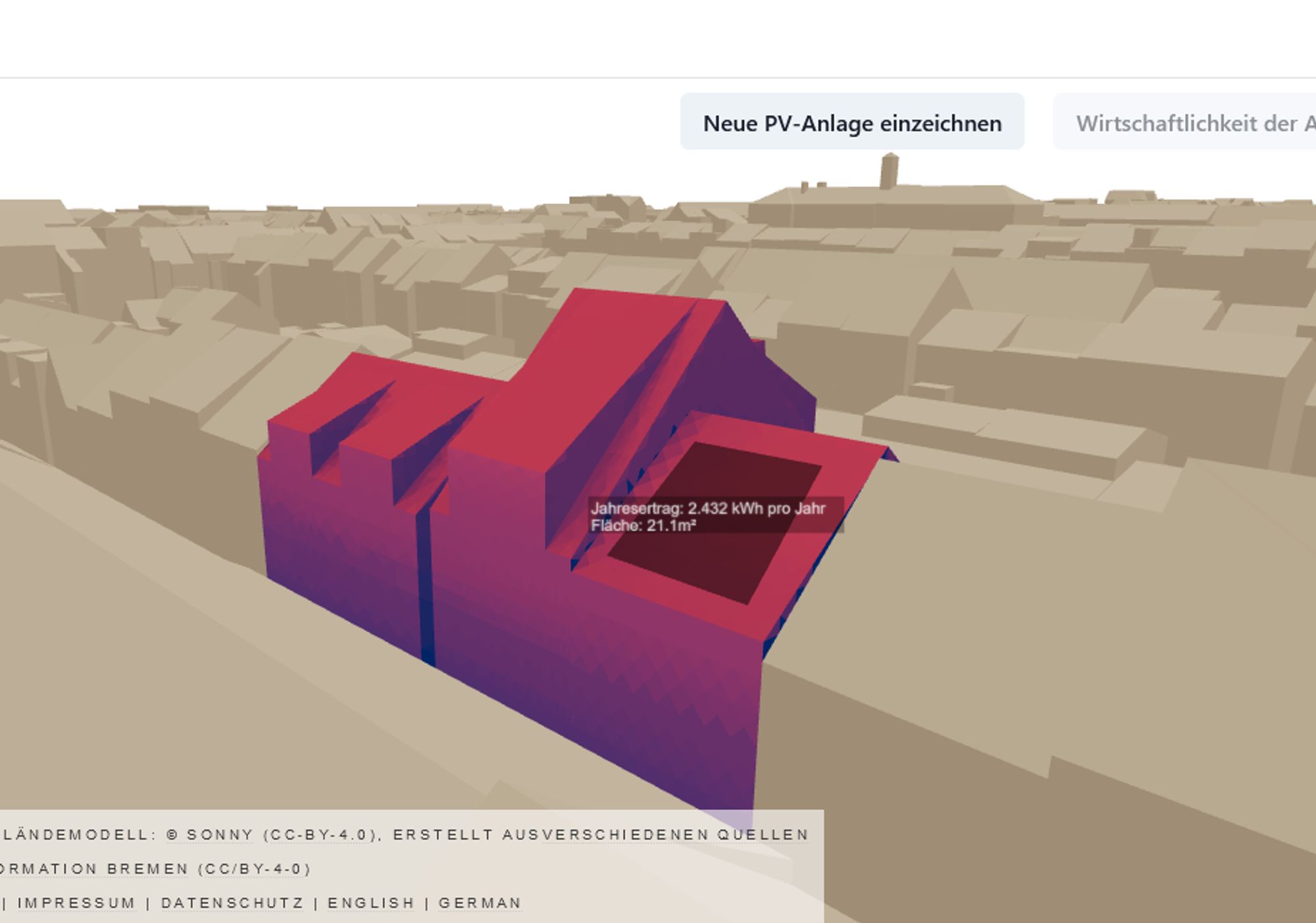 Screenshot von der Website openpv.de
Zu sehen ist ein 3D Gebäude, welches eingefärbt ist nach Solarpotential. Auf dem Dach ist eine PV-Anlage eingezeichnet, welche durch die Attribute Jahresertrag und Fläche beschrieben wird.