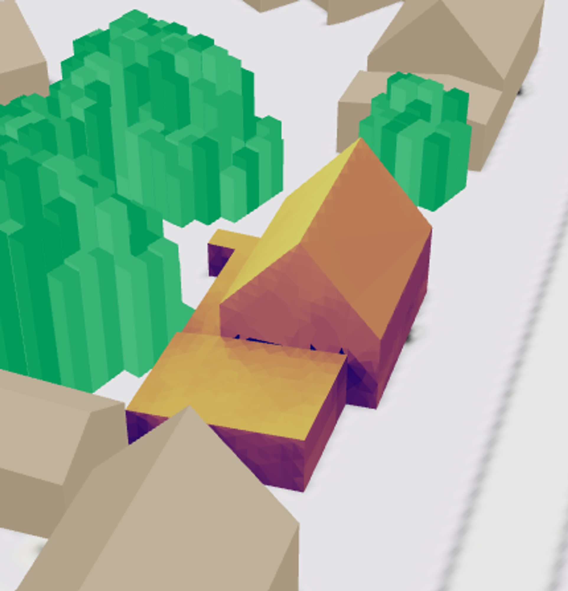 A Screenshot from the website openpv.de There is a building in the center of the image. The building has different colors based on the shading of surrounding trees and other buildings. The southern roof is yellow (good potential), the northern and shaded walls are purple.