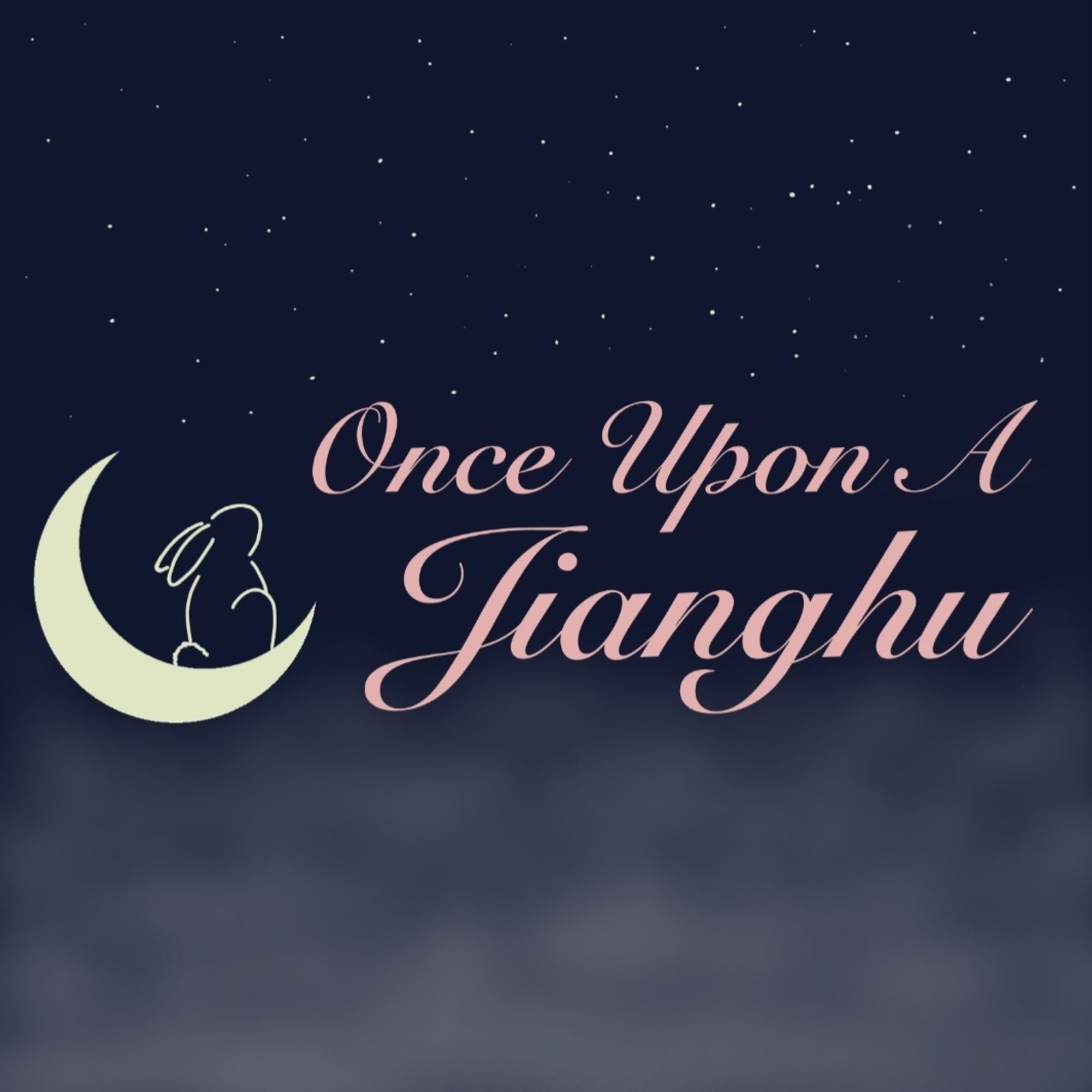 Text "Once Upon a Jianghu" in pink script on top of a dark blue starry background. In pale yellow, a little rabbit sits in a crescent moon, looking up at the stars.