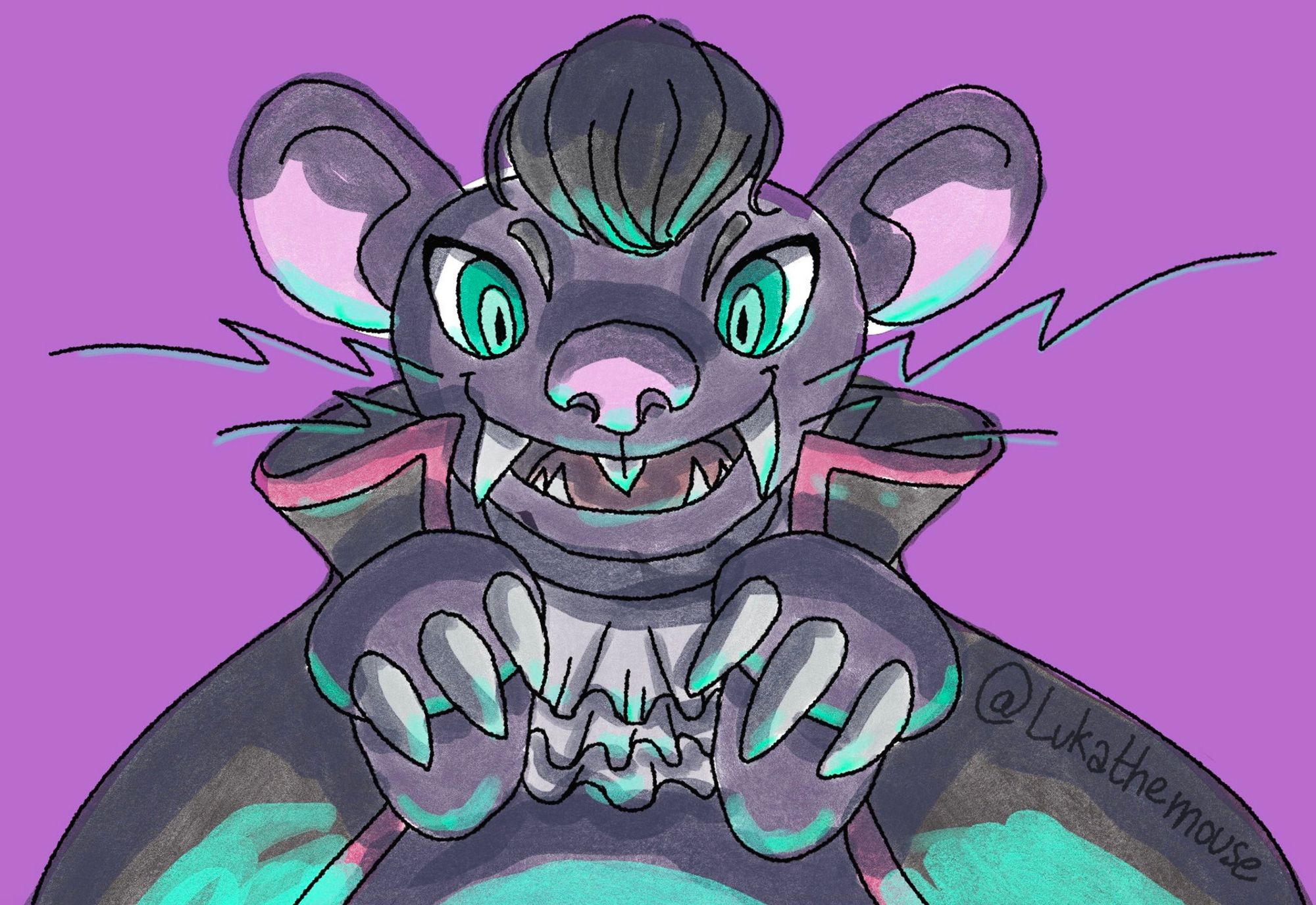 drawing of a rat looking straight at the camera, they have a dark hair wig sitting on top of their head, wearing a vampire cape and a vampire neck ruffle. They are holding their paw in the air, menacingly, showing a toothy smile with 2 huge canines on each side of the mouth. They are lit from below with a bright green light.