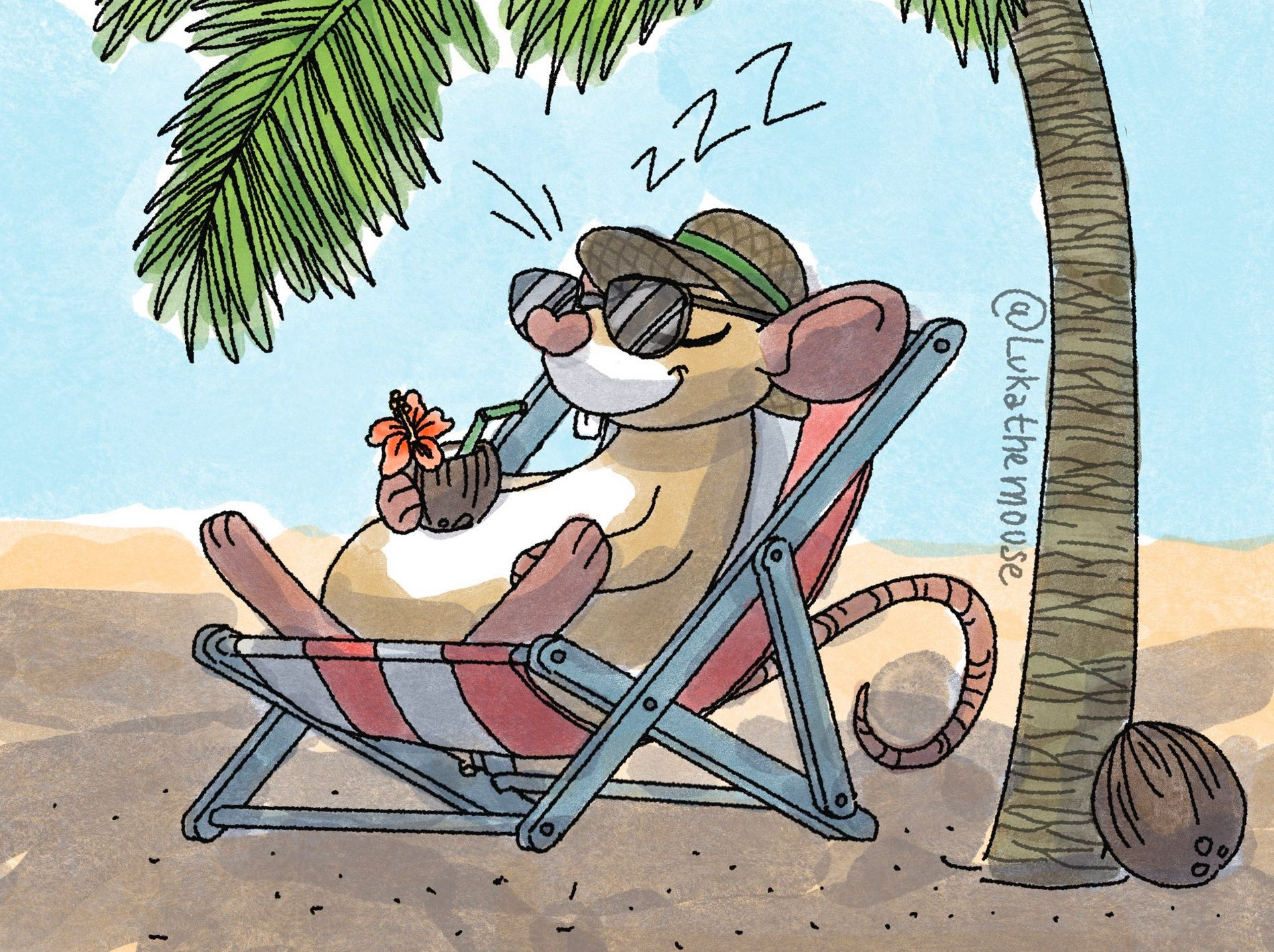 drawing of a rat sleeping on a beach chair, sitting under the shade of a palm tree. The rat has a straw hat, sunglasses and half a coconut in their right paw with a straw and a hibiscus on it.