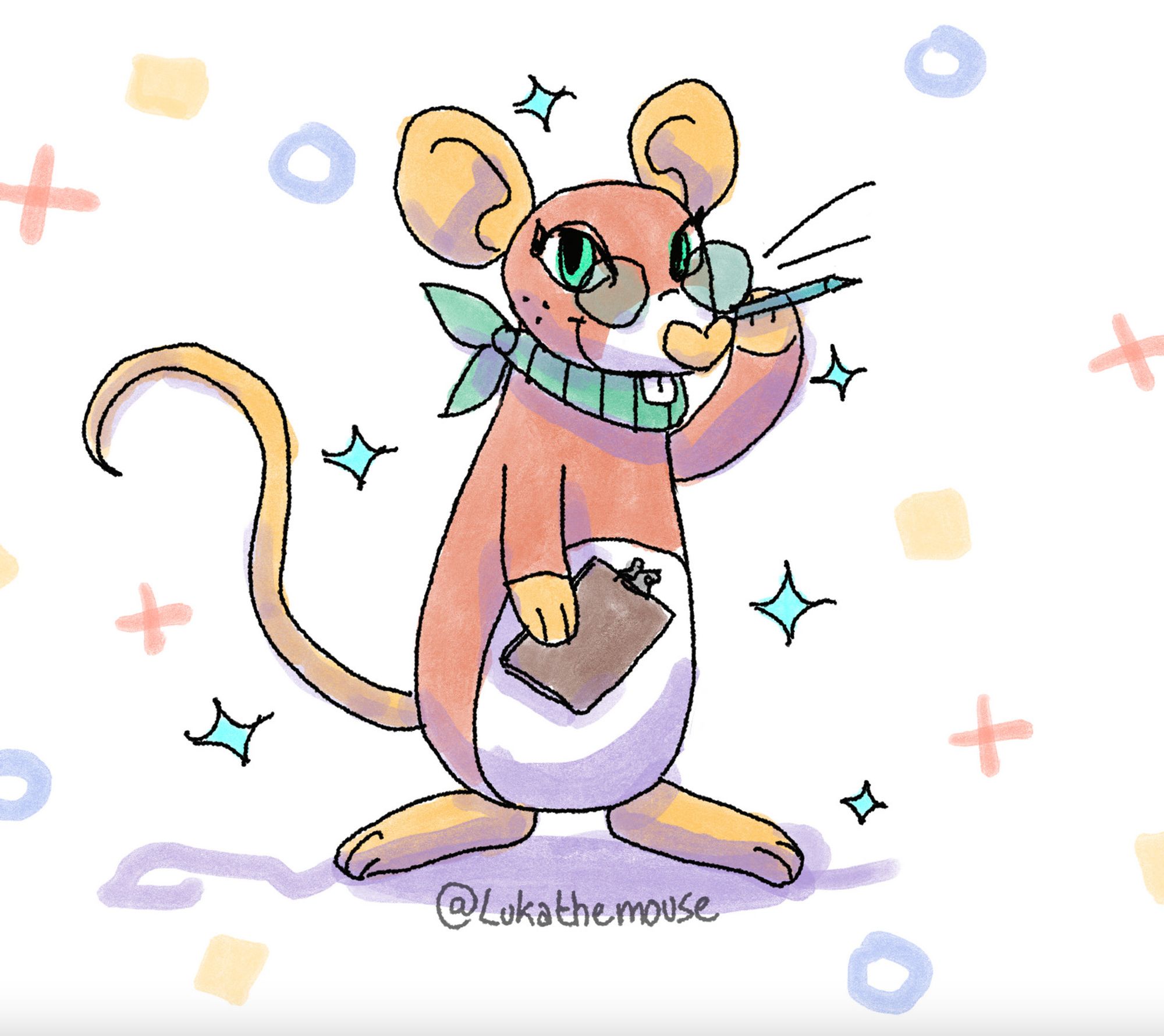 Drawing of Nini the Mouse, mascot of the game Squeakross. She looks proud standing on her back legs holding a clipboard in her right hand and a pencil in the left hand, replacing her round glasses. She's wearing a neck scarf.