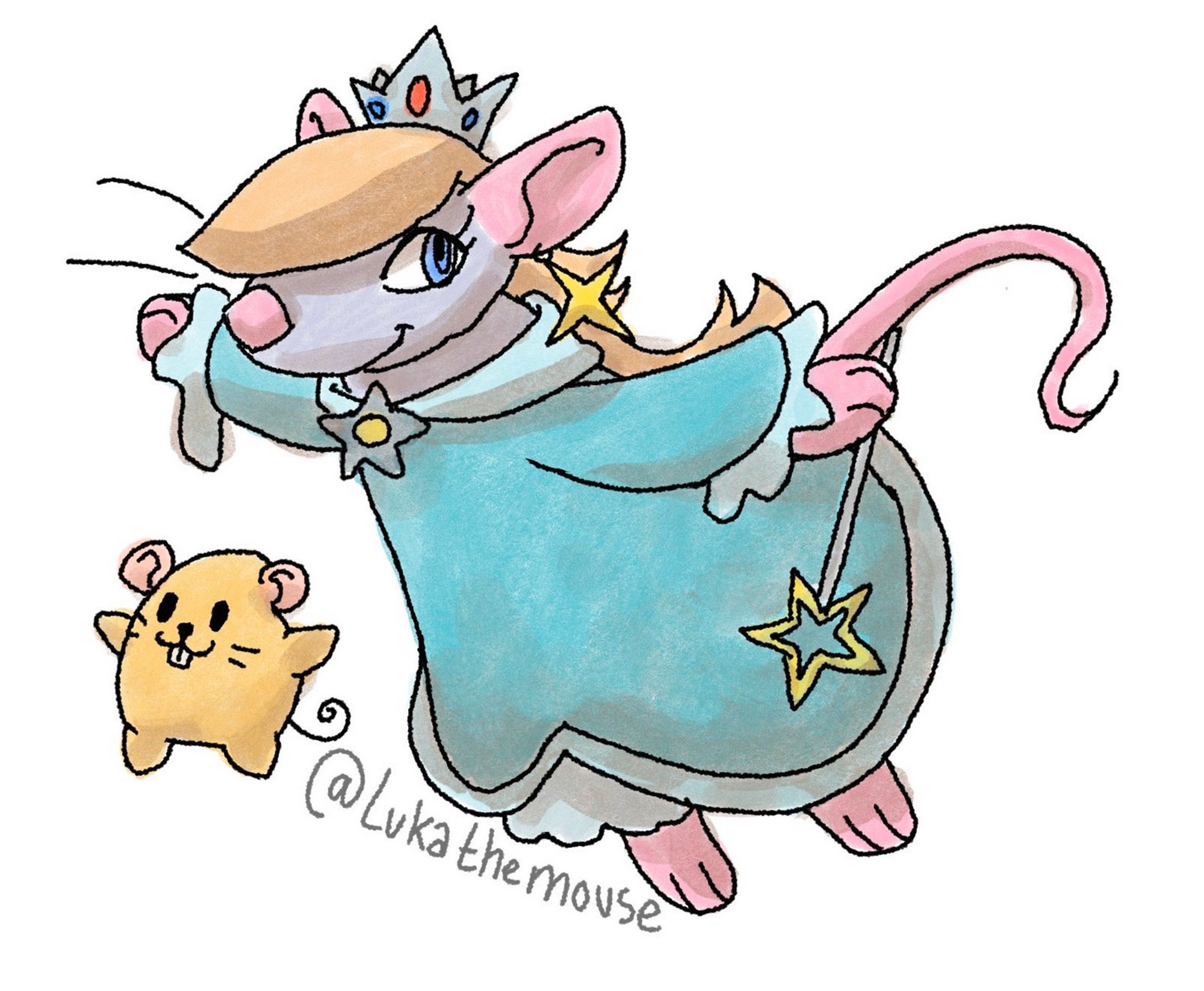 drawing of rosalina from mario as a cute rat, there is a luma with rat features next to her