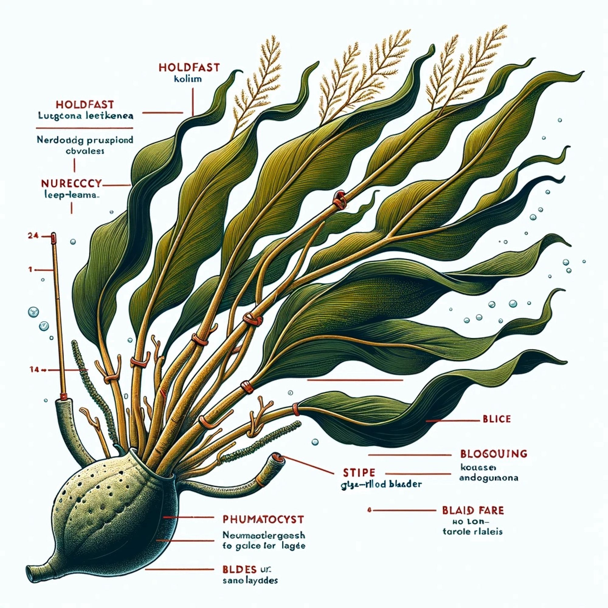 An illustration of a bull kelp seaweed with parts labelled. It was drawn by an AI and so doesn’t actually look anything like a real kelp, and the words are mostly nonsense.