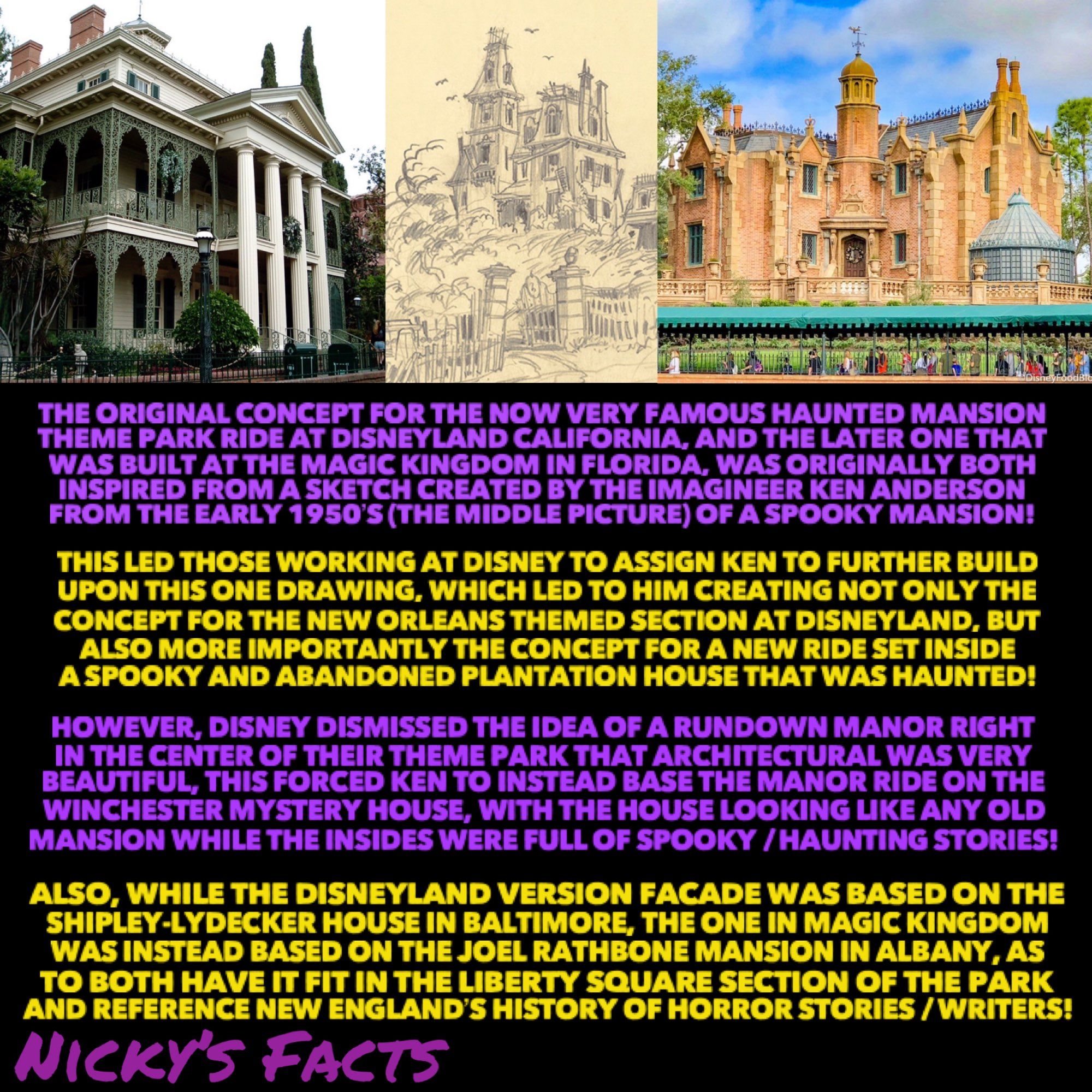 History facts on the origins of the Haunted Mansion, from how it started out as just a single concept drawing by Ken Anderson, to how the Disneyland version’s outer facade was based on the Shipley-Lydecker house in Baltimore and Magic Kingdom’s version was based on the Joel Rathbone mansion in Albany!👻