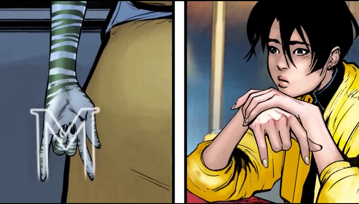 Jubilee, an Asian mutant with shaggy black hair in a yellow jacket, flashing a “M” hand sign to a zebra striped other mutant lady