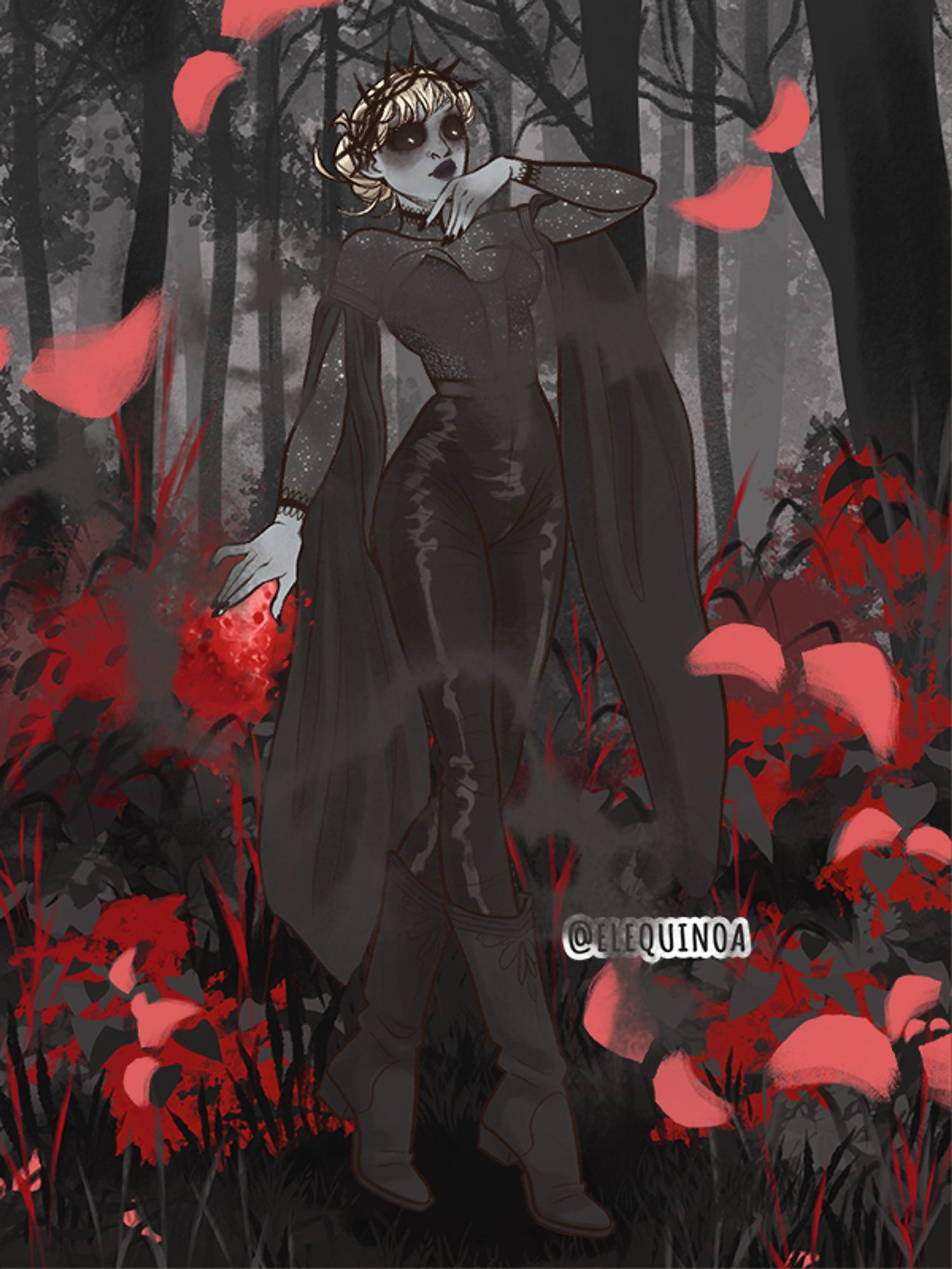 meiker of laughing shadow magus. a woman with pale gray skin draped in shadow with large depthless black eyes. she is clad in black including long sheer black sleeves. a crown of thorns sits on her pale white hair. red magic gathers at her left hand.  the background is of gloomy trees and stylized blooms and leaves