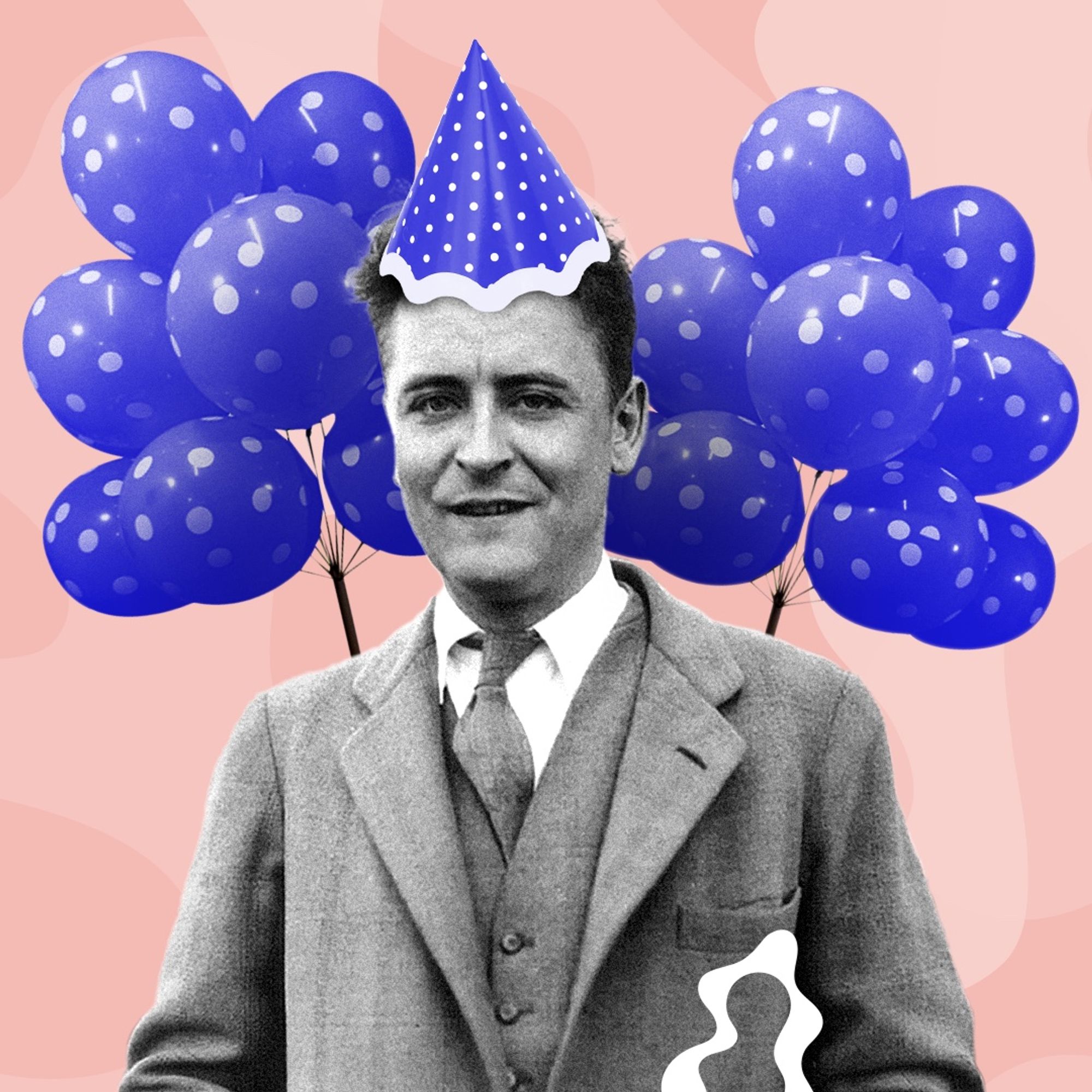 Montagem do escritor F. Scott Fitzgerald com balões e chapeuzinho de aniversário.