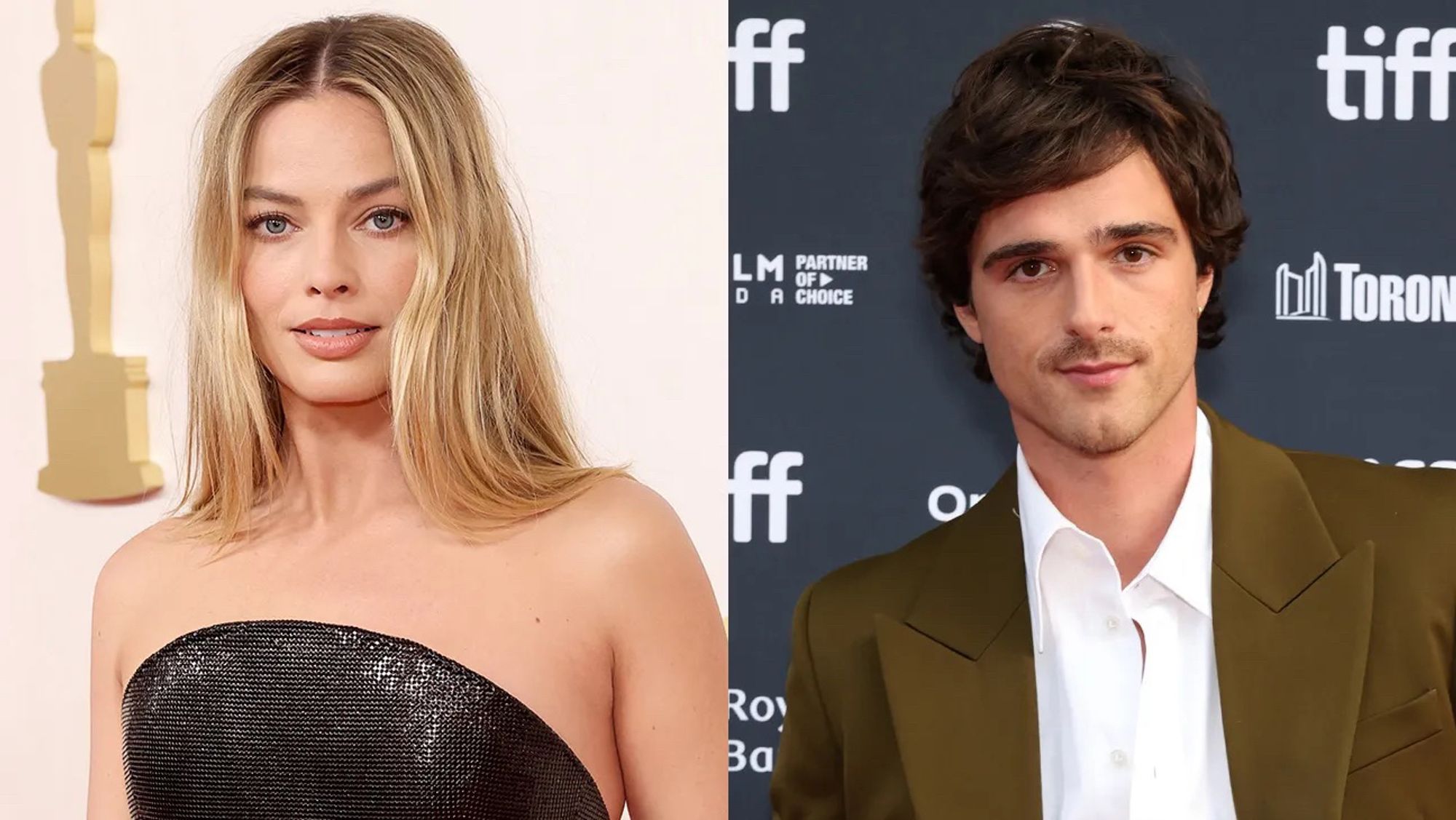 Foto da atriz Margot Robbie e do ator Jacob Elordi.