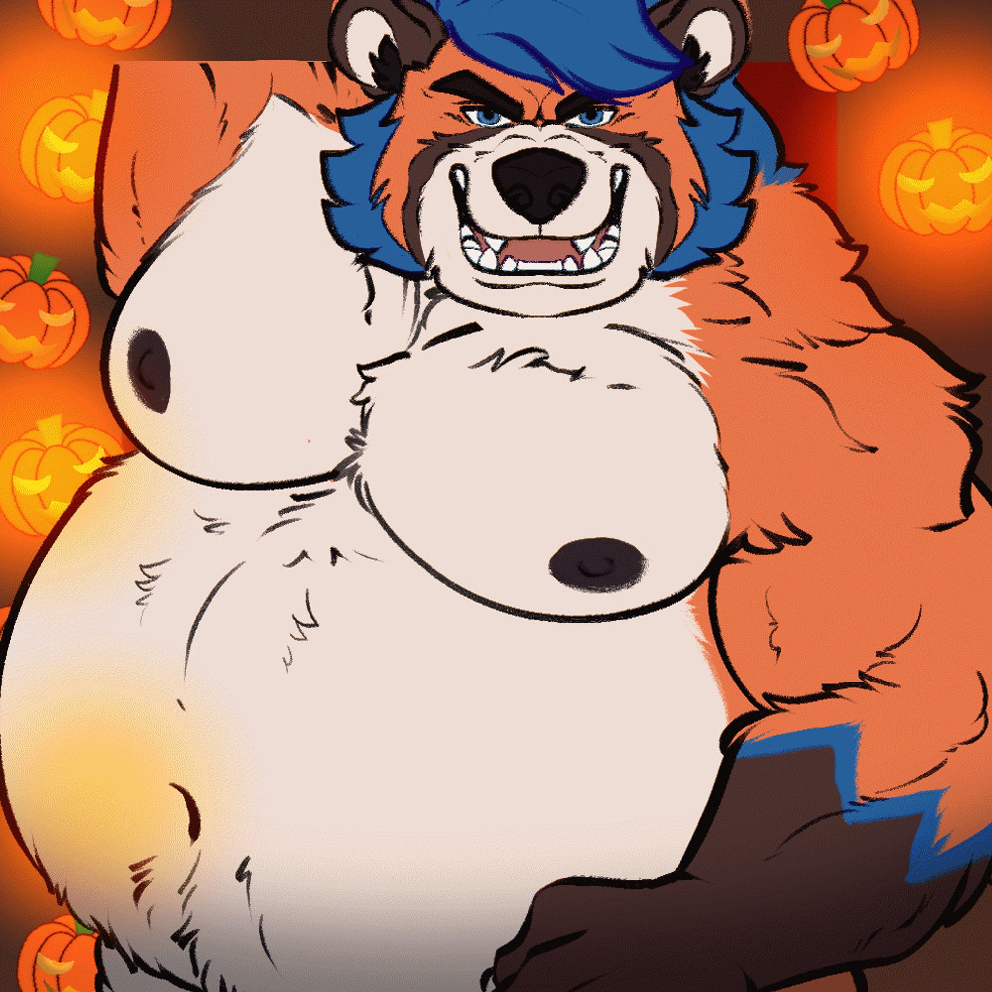 Looping GIF of Tec, an orange anthropomorphic foxbear, standing in a doorway, breathing in and out very heavily. His imposing posture and expression denote a ravenous hunger, for candy, cause it's Halloween. YCH gif by GalvinWolf on Bluesky/Twitter