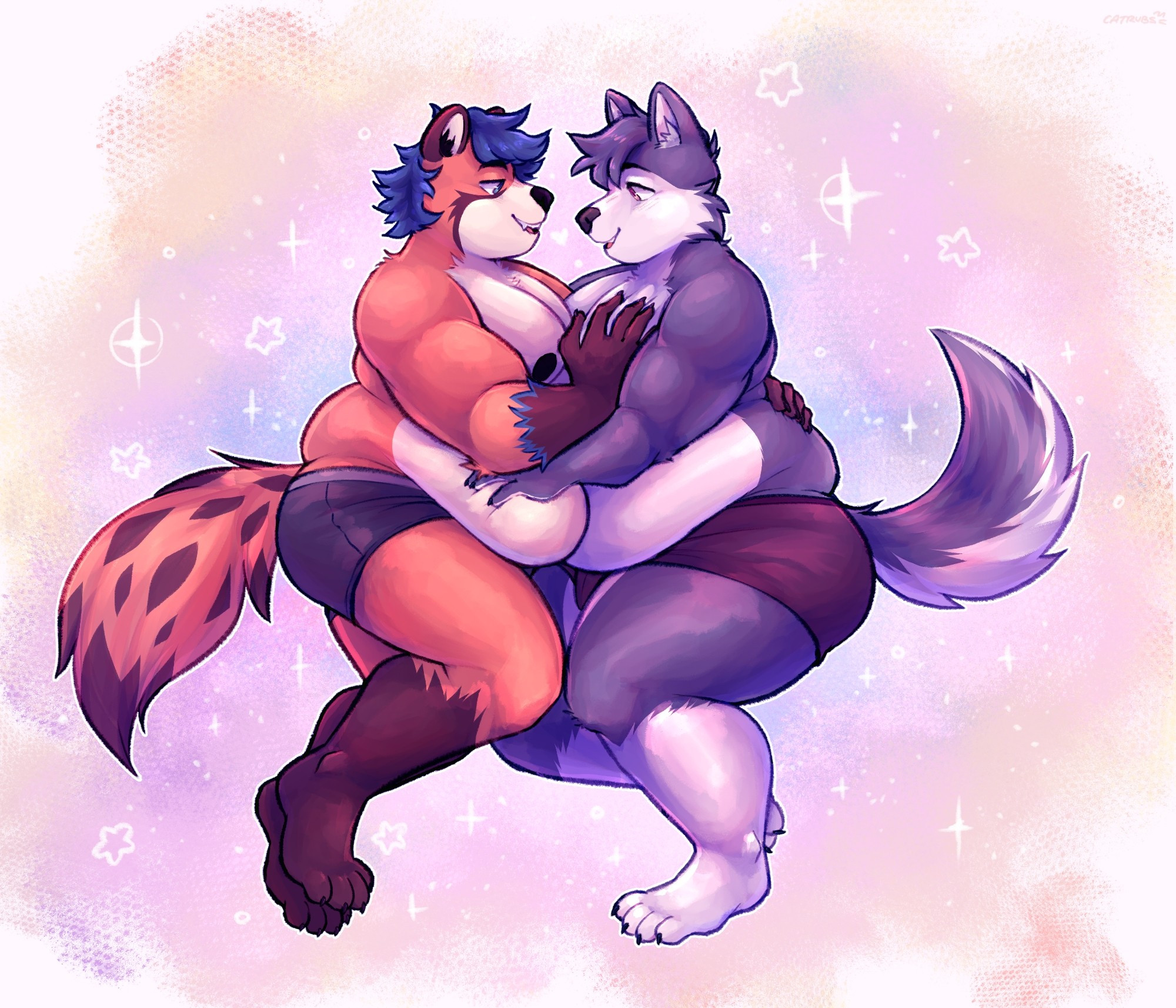 Tec the foxbear and Felix the malamute, both  wearing only underwear and feeling up each other's bodies while looking lustfully at one another. Tec is grabbing on to Felix's right hip and left breast, while Felix is feeling Tec's belly. Art by catrubs on Bluesky/Twitter.